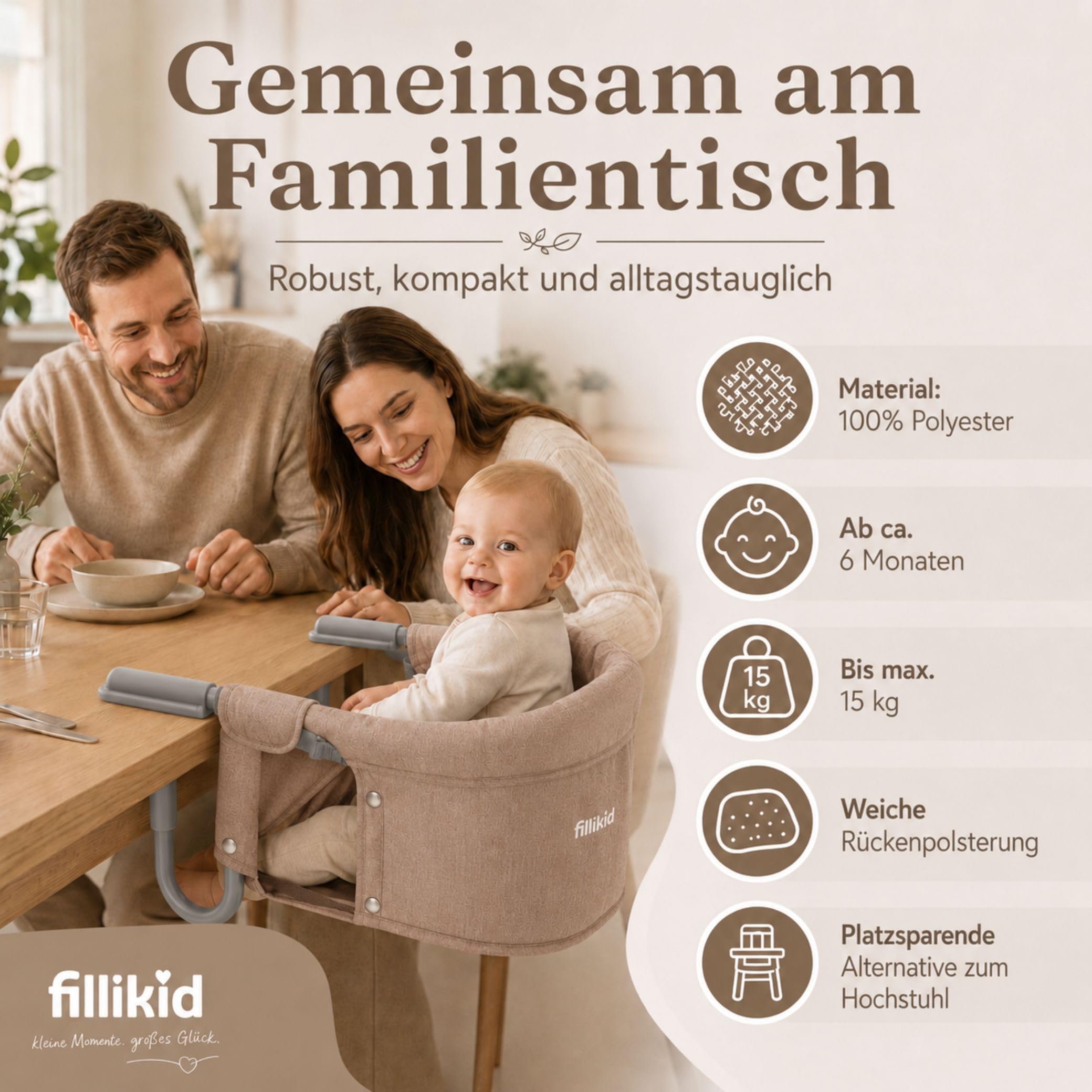 Fillikid Babyworld Tischsitz | Faltbarer Babysitz | Stuhlsitz mit klappbarer Schraubfixierung | Boostersitz mit Anti-Rutsch-Klemmen und Tragetasche | Babysitz für dicke Tischplatten | Tischstuhl