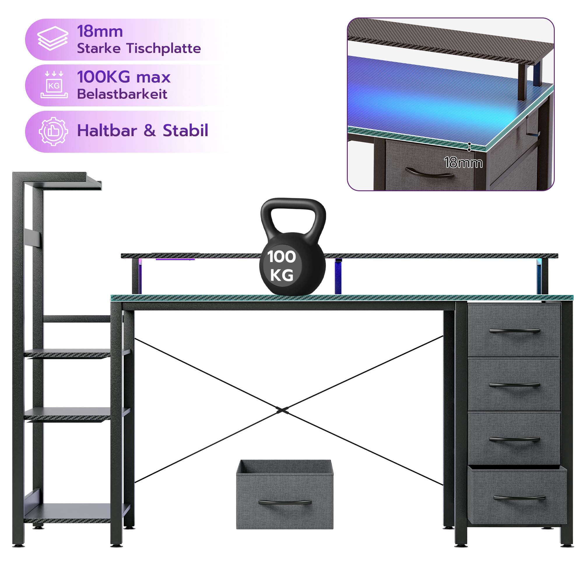 APICIZON Gaming Schreibtisch 150cm mit Bucherschrank - Umkehrbarer Computertisch mit RGB LED-Beleuchtung, 2 USB-Anschlüssen, Kopfhorerhalter & Becherhalter, Carbon-Optik Schwarz