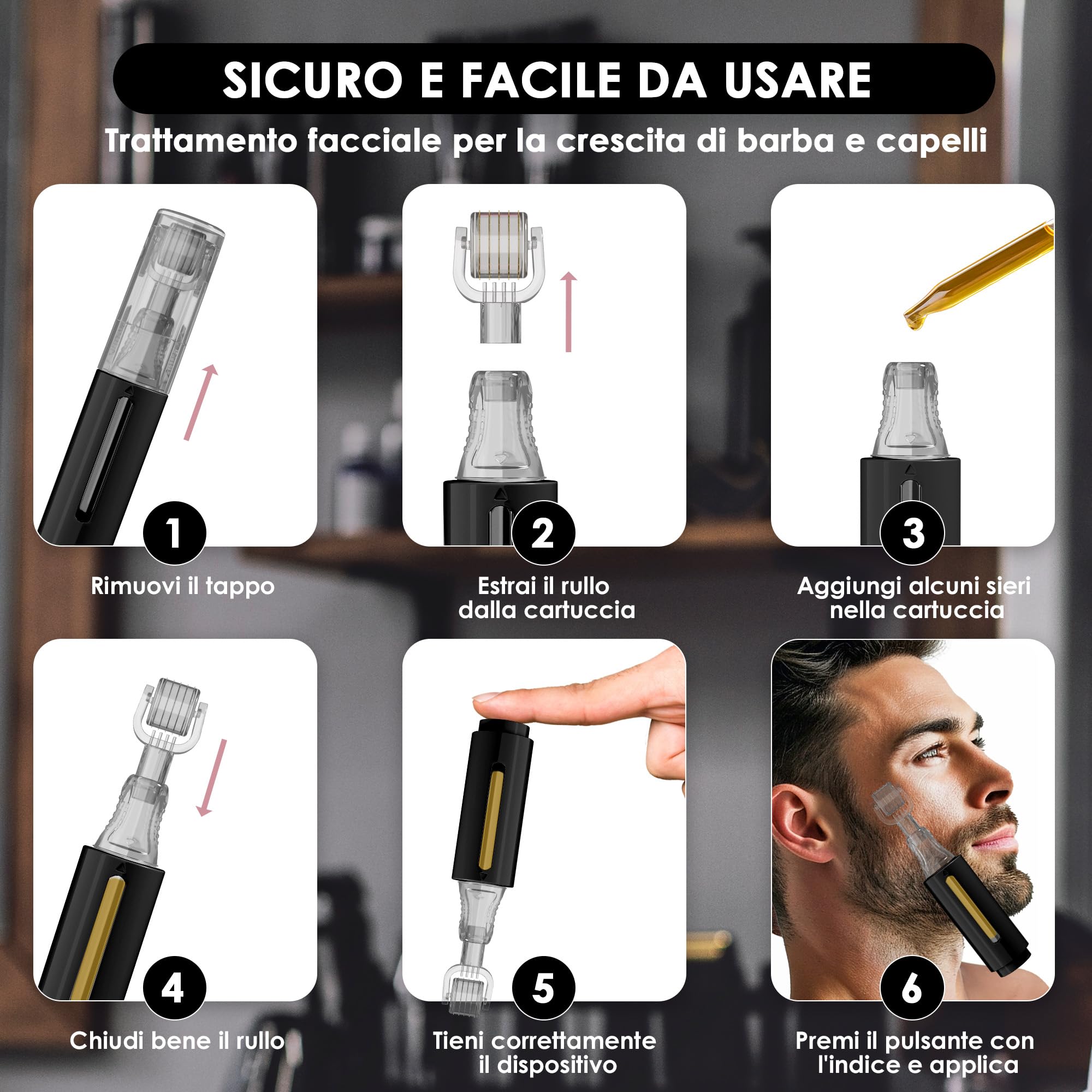 HAMINOS Derma roller 0,5 mm con Serbatoio per Capelli, Barba, Pelle, Rughe, Smagliature, Iperpigmentazione APPLICAZIONE DEL SIERO ISTANTANEO, 105 aghi in titanio