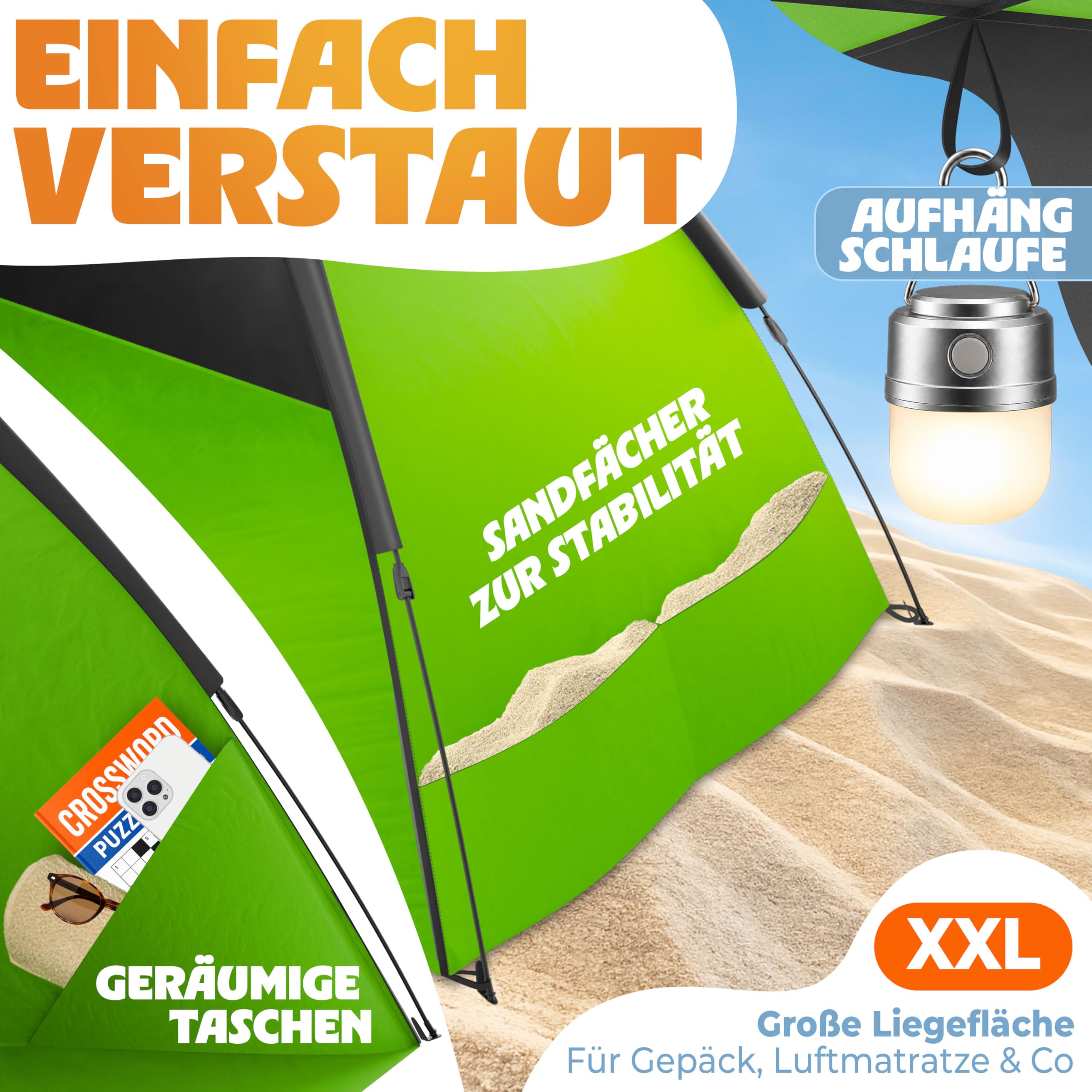 ELONEO Pop Up Strandmuschel UV Schutz 50+ | Strandzelt XXL 220x150x130 cm | Leichter Aufbau und kleines Packmaß inkl. Tragetasche | Strand Sonnenschutz & Windschutz für Babys und Erwachsene