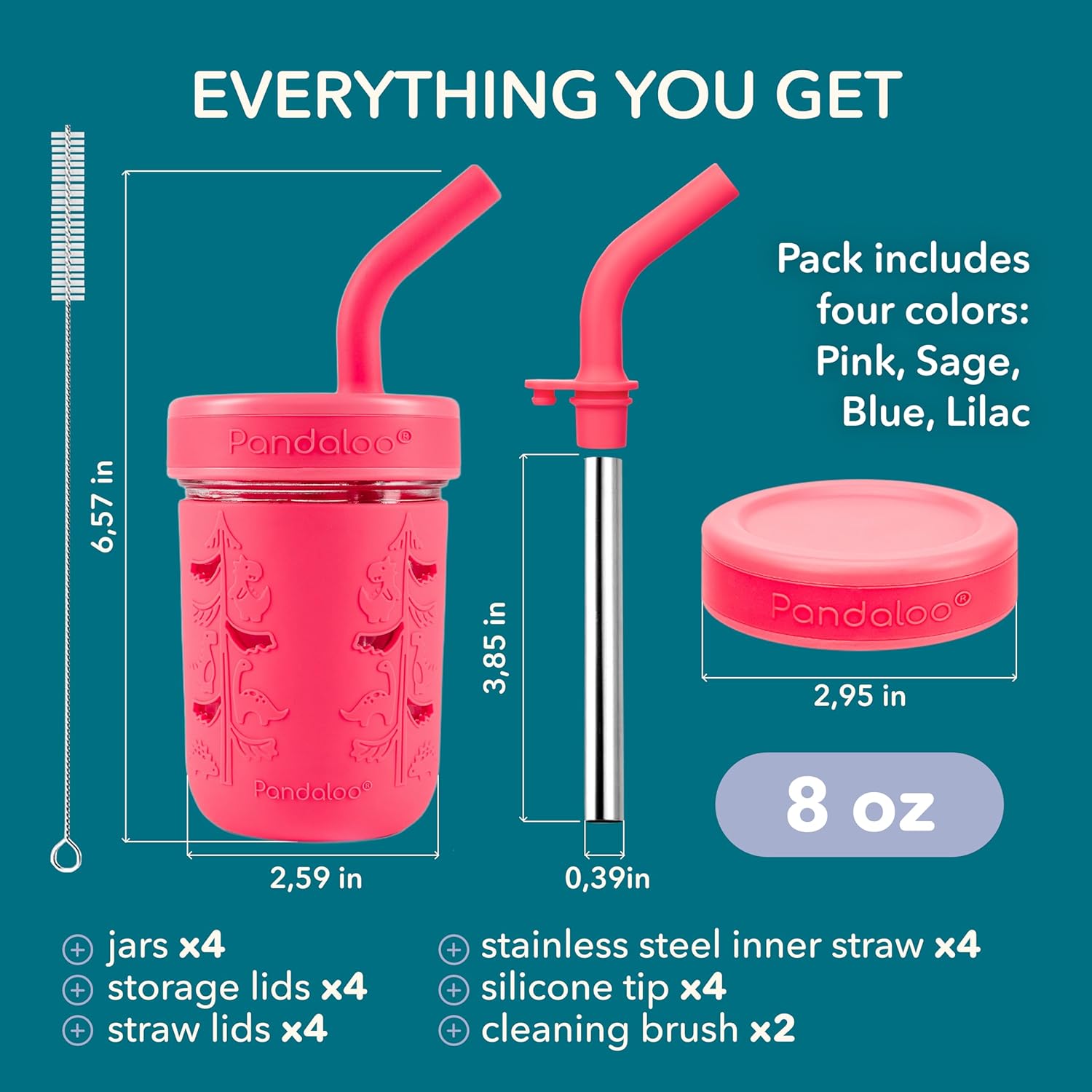Pandaloo Mason Jar Toddler Cup | 8 oz Glass Cups with Silicone Sleeve & Lids | Spill-Resistant Smoothie & Snack Cups for Kids | BPA-Free | Stainless Steel Inner Straw