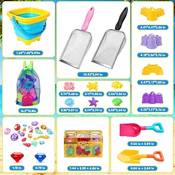Beach Sand Toys for Kids 37Pcs Metal Sifter Shovel & Collapsible Beach Buckets Set, Sand Castle Kit, Sea Animal Molds, Diving Gem Pool Toy with Mesh Bag Sand Toys for Toddlers Age 3-10