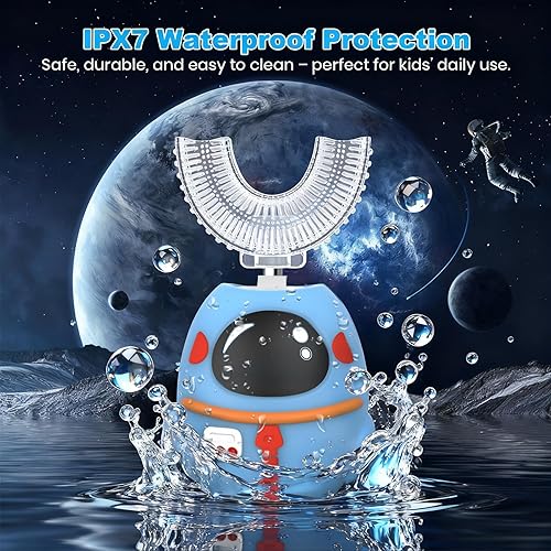 Miniatura 5 de FTOYIN Cepillo de dientes eléctrico para niños, cepillo de dientes en forma de U con 4 cabezales de cepillo, limpieza ultrasónica de 360, 5 modos,
