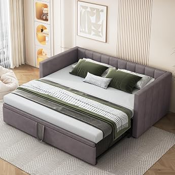 YESGIGA Upholstered Bed Pull-Out Sofa Bed 90/180 x 200 cm with Slatted Frames Multifunctional Bed Made of Skin-Friendly Velvet Fabric Dark Grey
