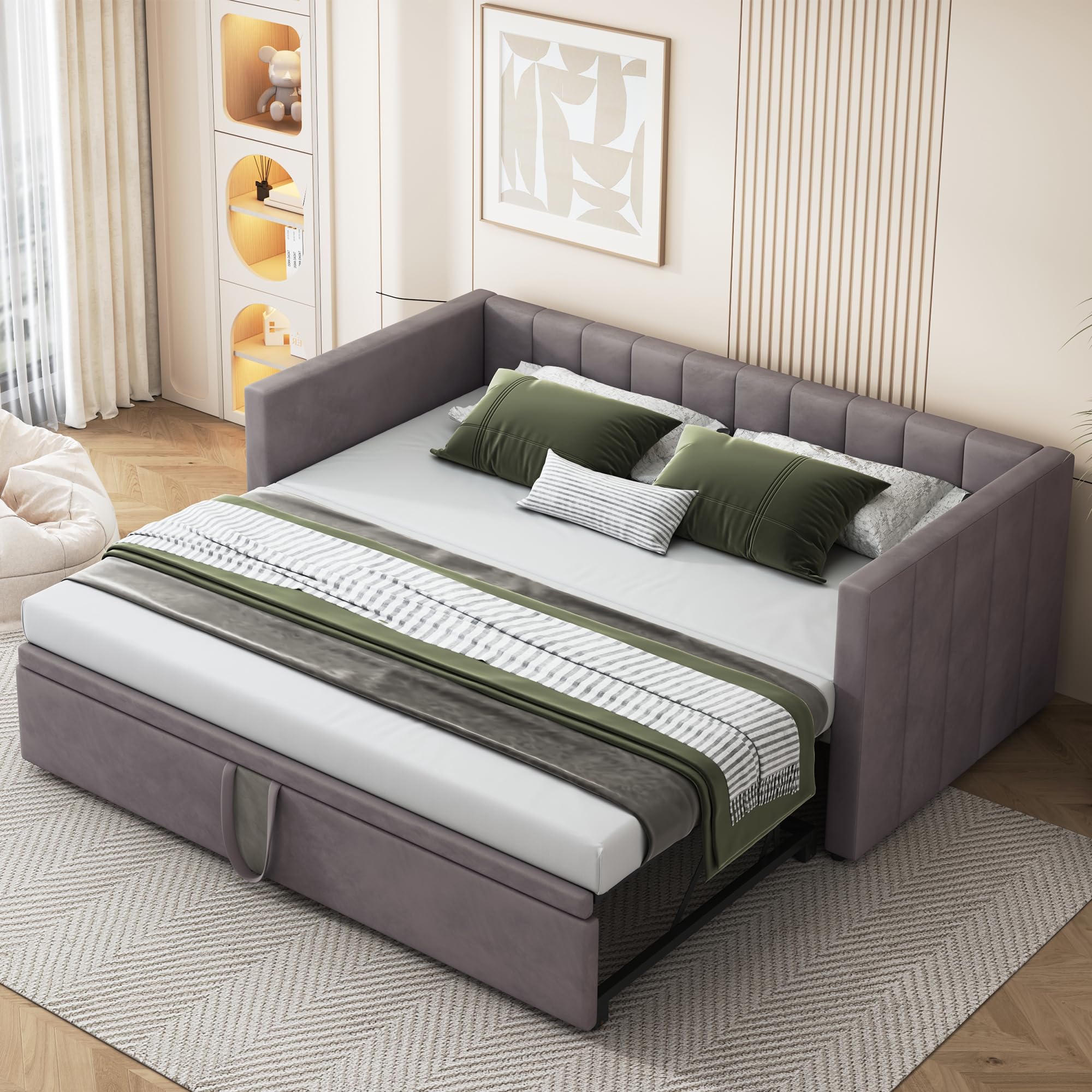 Sofá doble y cama individual extensible en terciopelo contra la falta de espacio