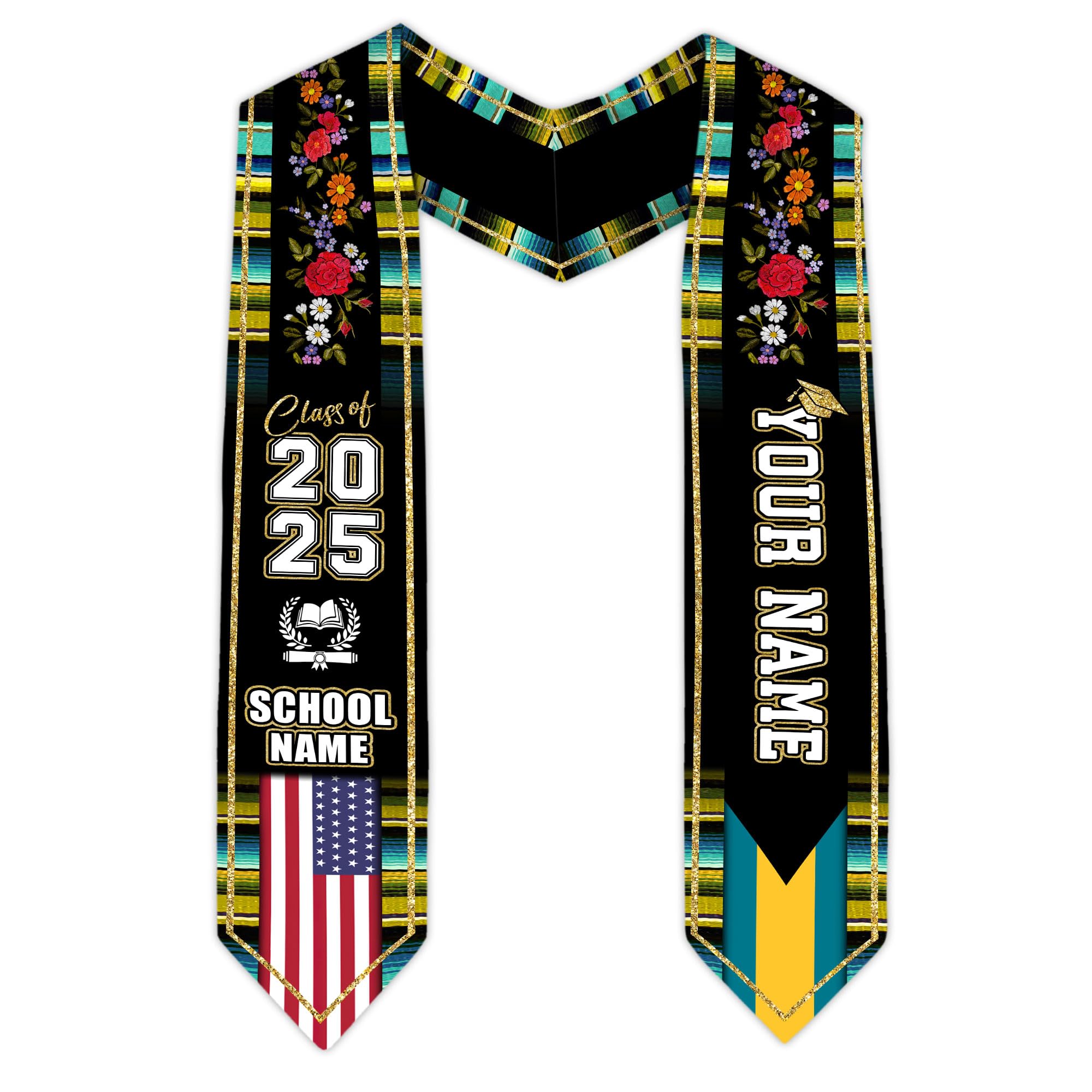MonkeyVan Personalized Bahamas Graduation Stole, Bahamian Graduation Sash, Bahamas Flag Graduation Stole, Class of 2025 Bhm1