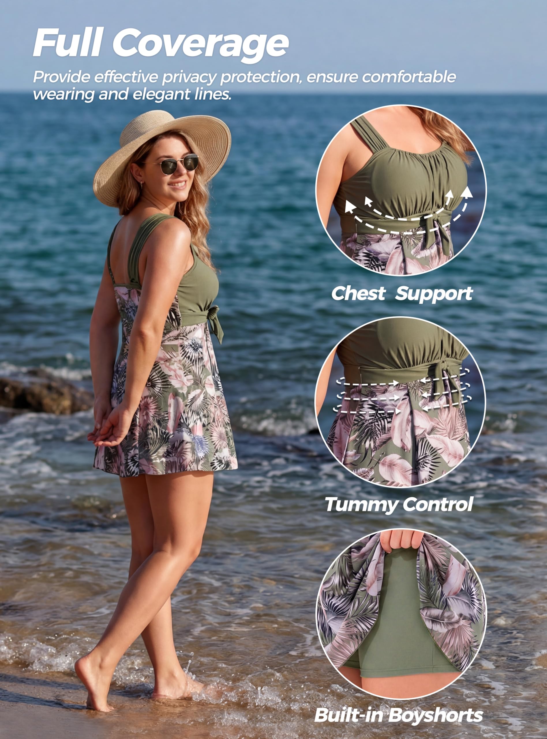 Wantdo Damskie jednoczęściowe stroje kąpielowe z szortami Eleganckie stroje kąpielowe z dekoltem w szpic Wąskie sznurowane stroje kąpielowe Plus Size Tankini nadruk