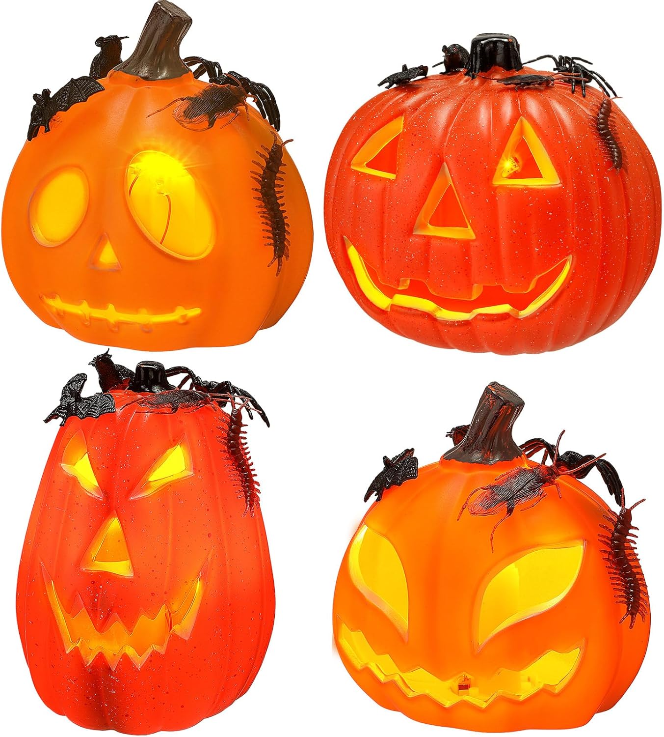 Rossesay 4 Pack Jack O Lantern Pumpkins Halloween Light up Pumpkin with 4 Pack Plastic Fake Roach Spider Outdoor Indoor Battery Operated Lighted Halloween Pumpkin Decorations Party Favor Gifts