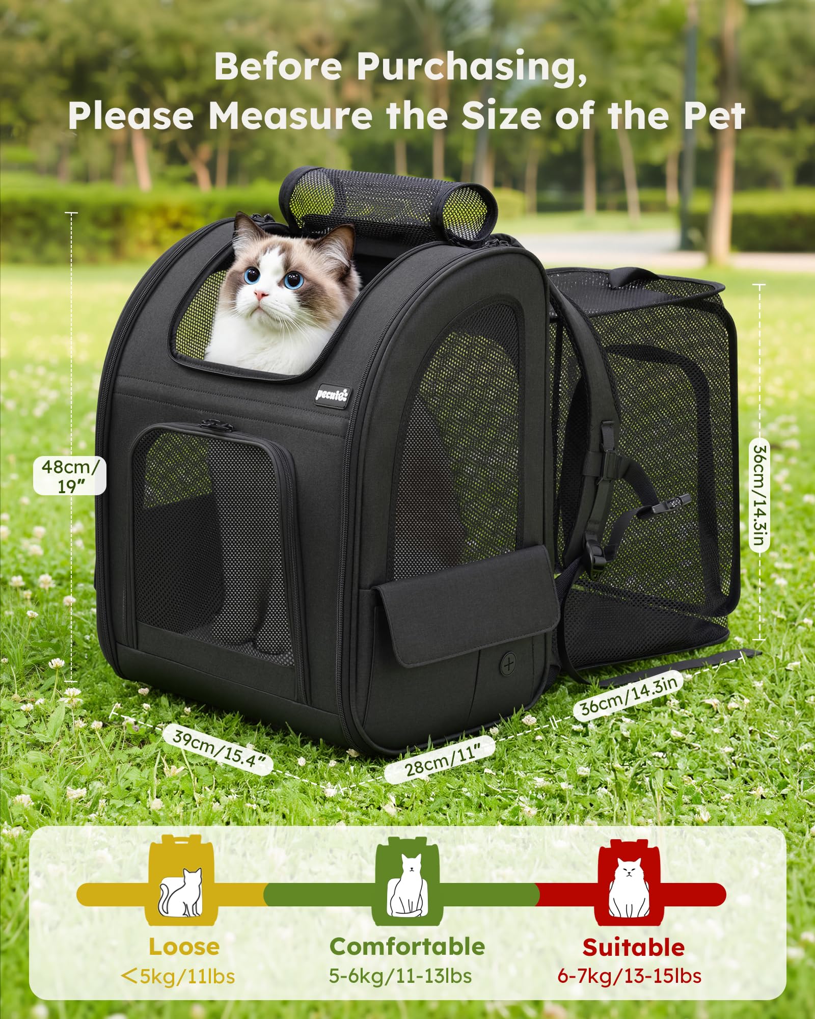 Pecute Zaino per Cani Gatti Grandi Estensibile, Cuccia Portatile, Trasportino Estraibile Indicato per Viaggi Sia Lunghi Che Corti（Nero)