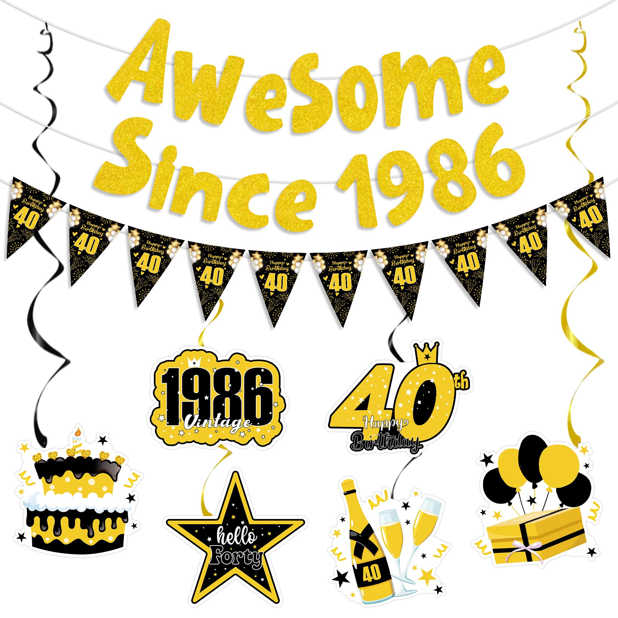 40th Birthday Decorations Black Gold Party Supplies, Awesome Since 1986 Banners with Hanging Swirls and Honeycomb Centerpieces, 40 Birthday Decorations for Men and Women