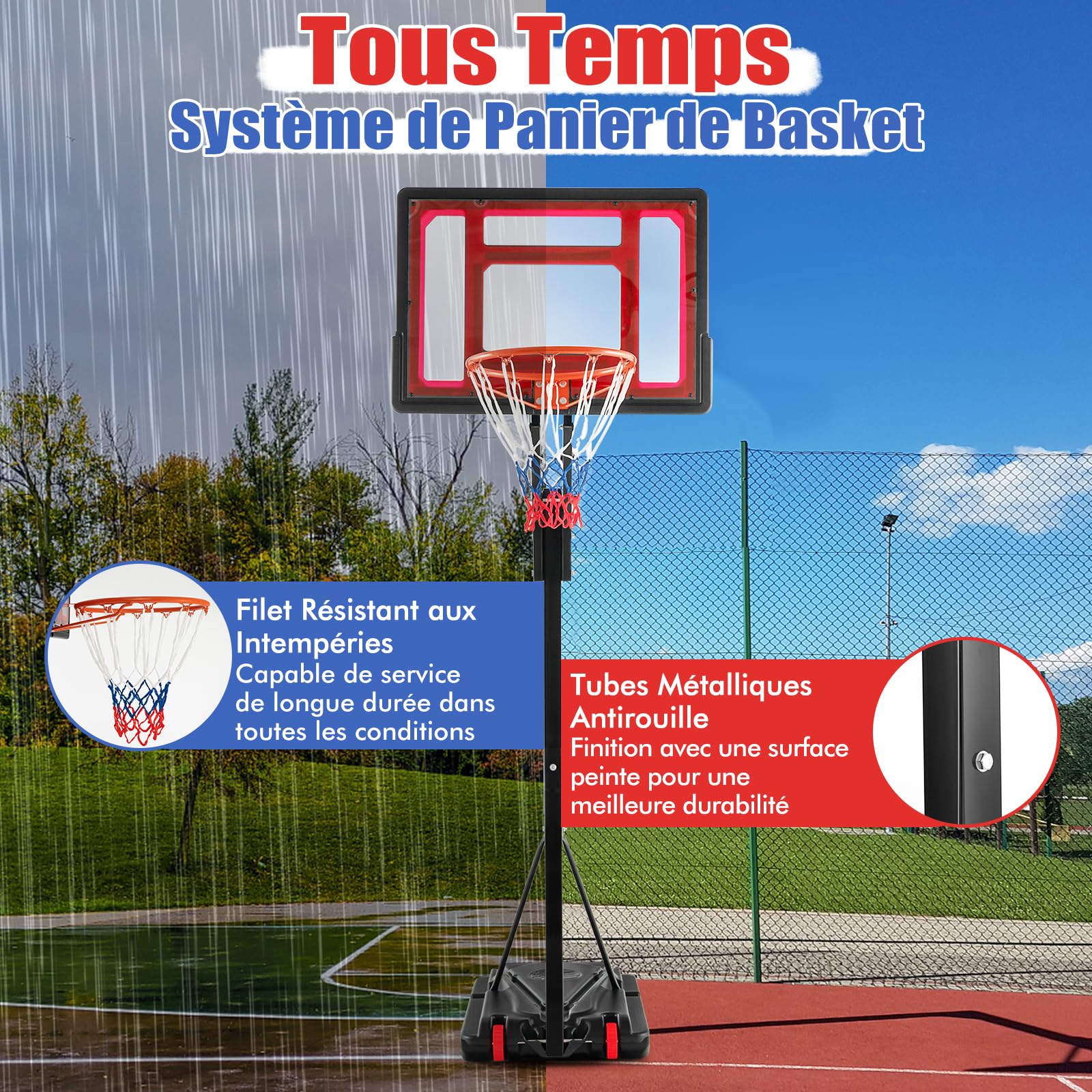 COSTWAY Panier de Basketball sur Pieds Hauteur Réglable de 1,55 à 3,1 m, Support de Basketball Portable avec Panneau Arrière en Pet Basket-Ball et Pompe, Intérieure Extérieure pour Enfants/Jaunes