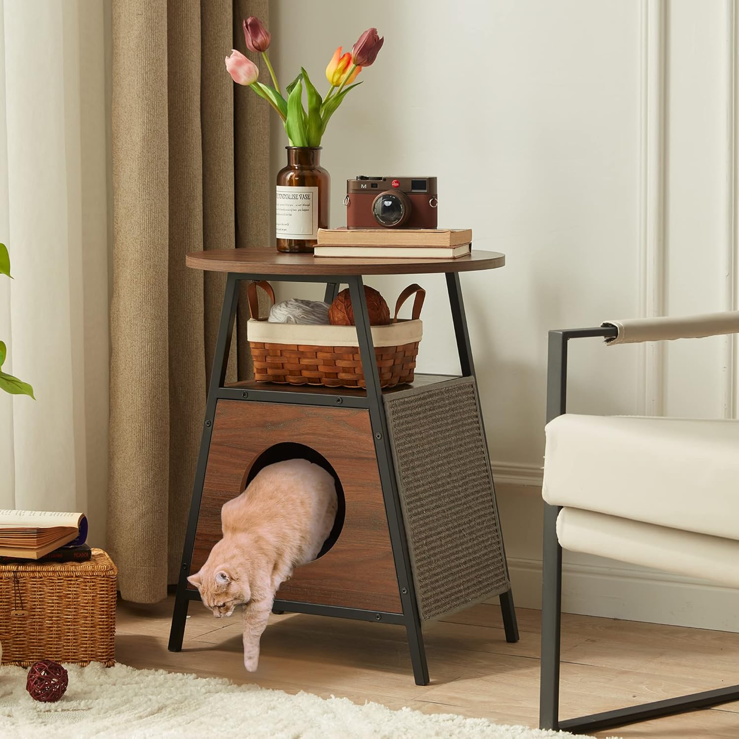 Pet House for Cats, End Table Cat Beds Cave for Indoor Cats, Multipurpose Wood Cat