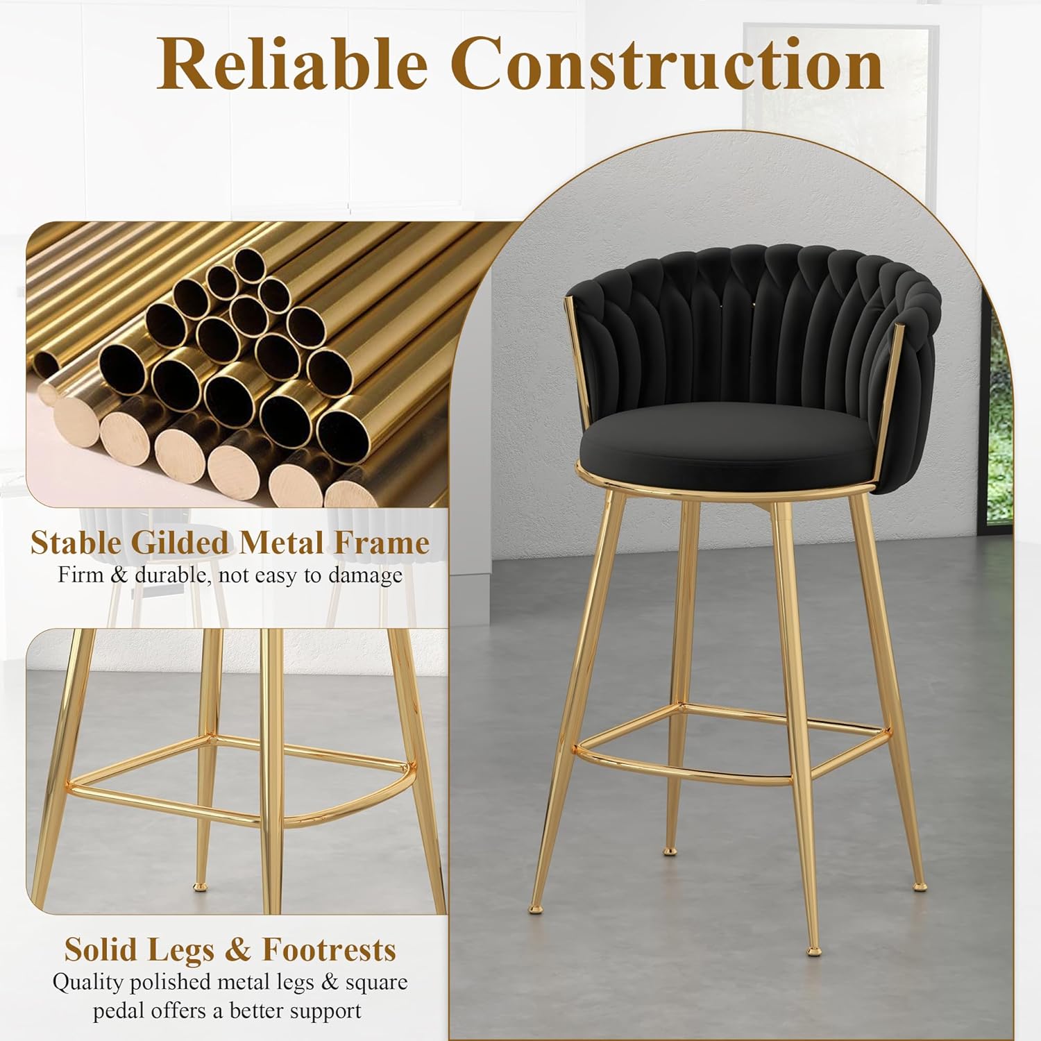 Counter Height Stools Set of 2, Velvet Bar Stools with 27 Inches Upholstered Seat Height, Handmade Woven Back Armrest, Sturdy Golden Metal Legs for Home Dining Pub Kitchen Island, Black