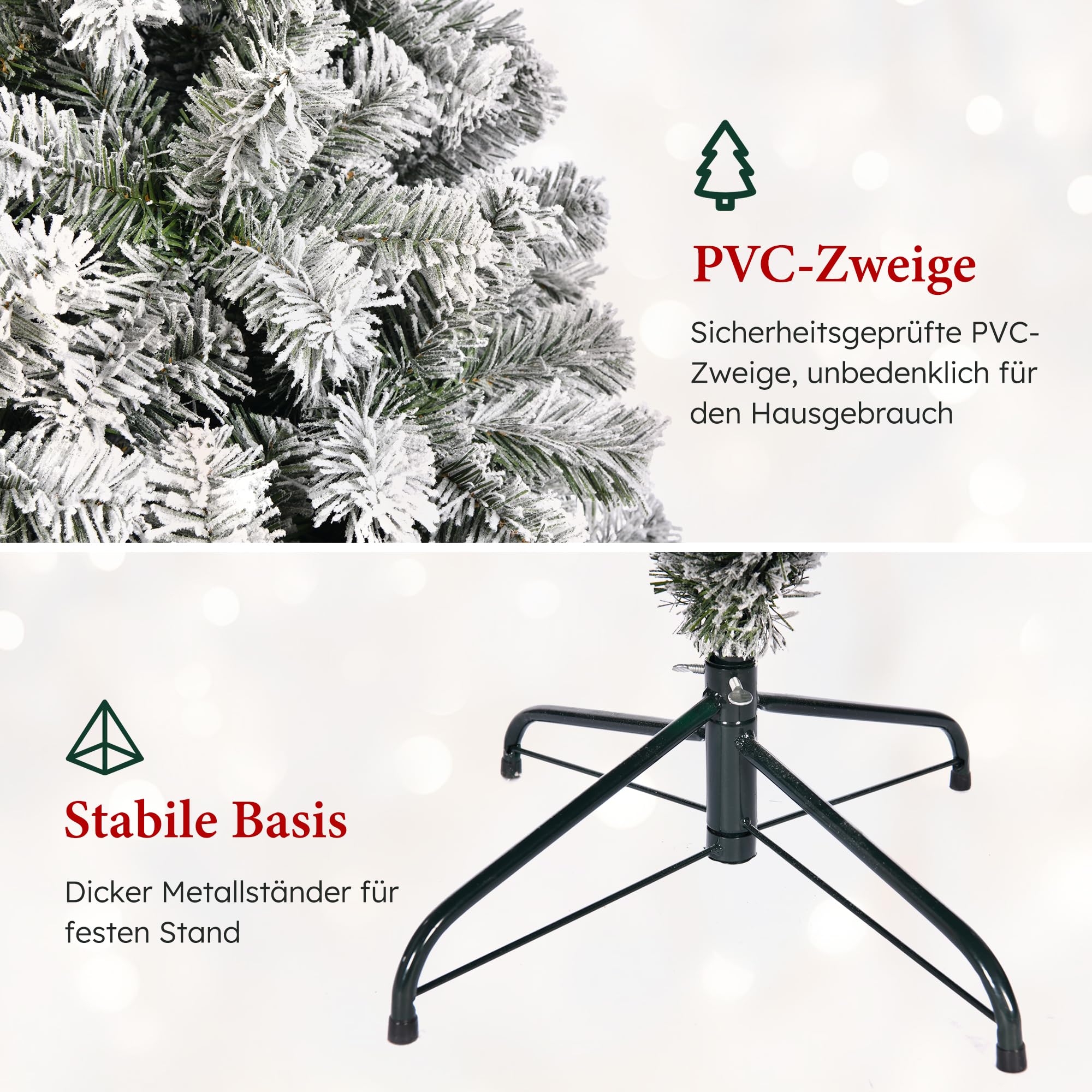 Weihnachtsbaum Künstlich 180 cm mit Schneezauber, Realistisches Naturgetreuer Tannenbaum mit Ständer, Weiß Flock Nordmanntanne 1000 Dichte Zweige, Christbaum Weihnachtsdeko