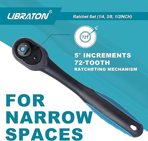 Miniatura 5 de LIBRATON Mango de trinquete, 3 llaves de trinquete de alta resistencia de 1/4 pulgadas, 3/8 pulgadas, 1/2 pulgadas con cabezal de liberación rápida,