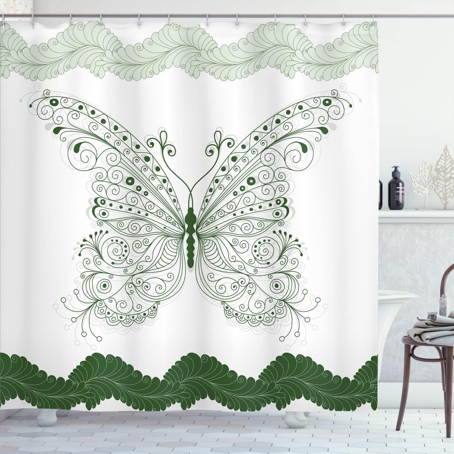 Ambesonne Butterfly Shower Curtain, Insect Art Swirled Wings Vintage Modern Ornate Fashion Style Print, Cloth Fabric Bathroom Decor Set with Hooks, 70" Long, Dark Petrol