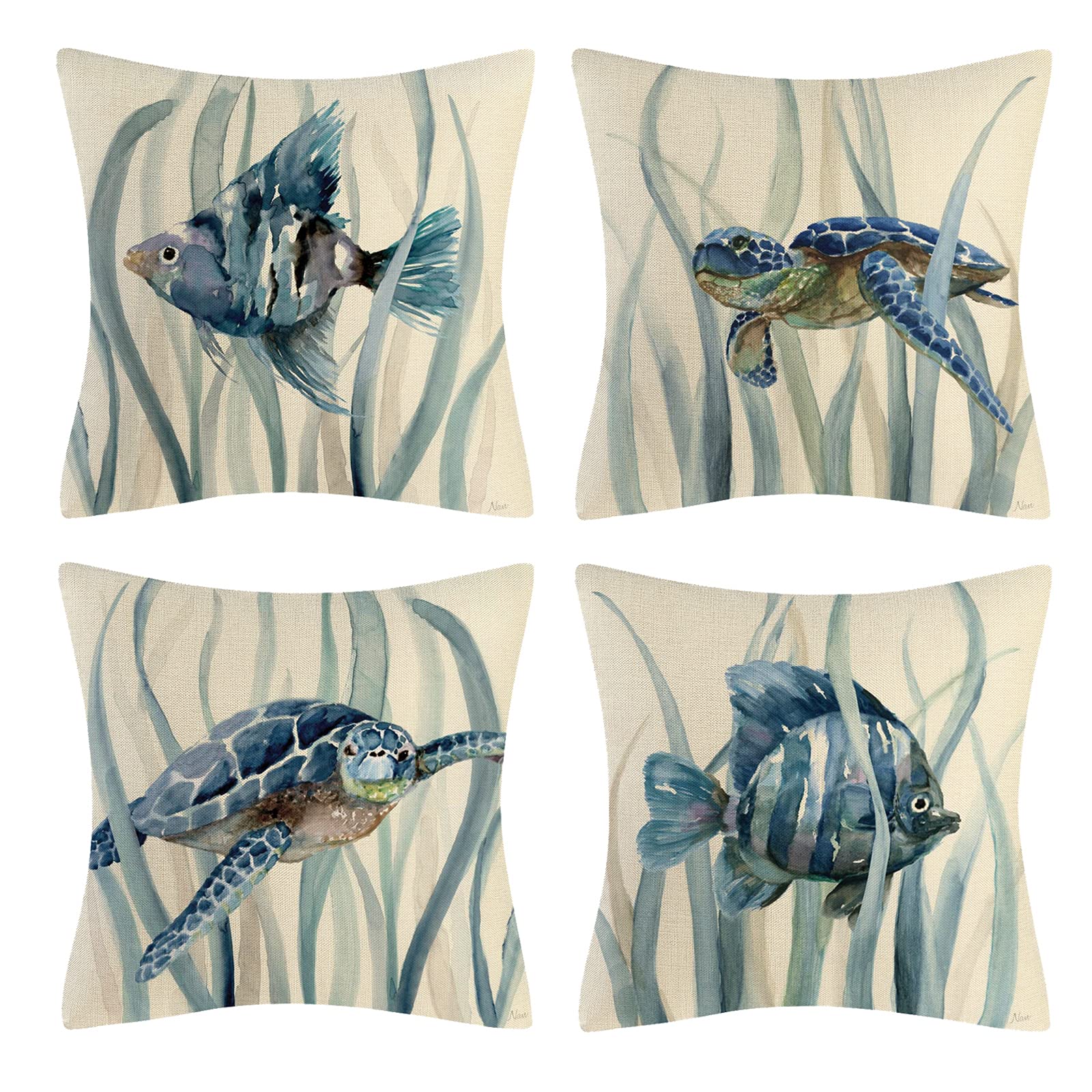 Joymaison Federe per Cuscini Divano 40x40 set di 4 Estate Oceano Blu Tartaruga Marina Federa Copri Cuscino Sott'acqua Stella Conchiglia Federe Confezione Copricuscini Quadrati per Camera da Letto