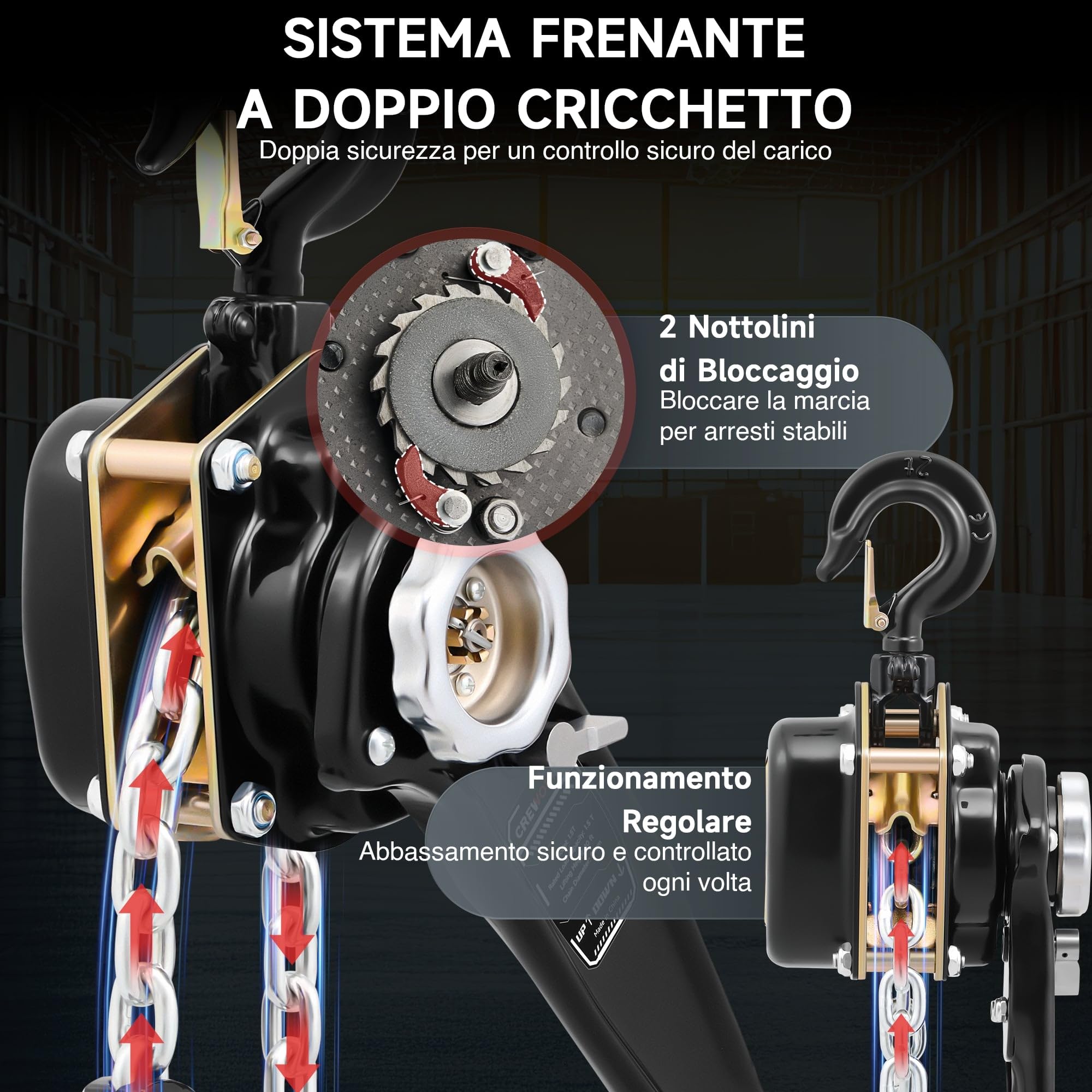 CREWORKS Paranco a Catena Manuale Altezza di Sollevamento 3 Metri Capacità Carico Max 1,5 Tonnellate con Catena Zincata G80 e Ganci Girevoli a 360° per Magazzini Edili Fabbriche