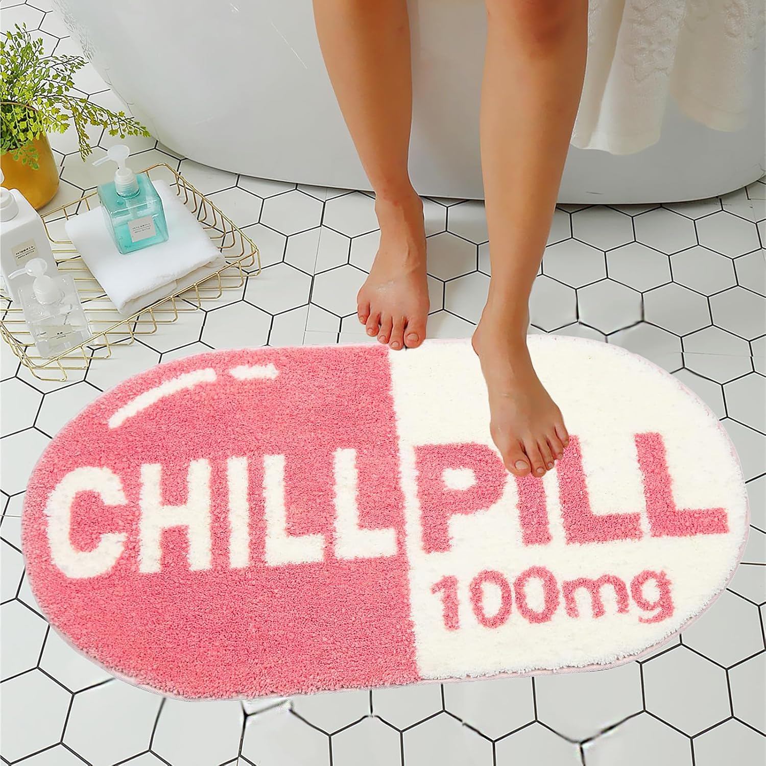 LEVINIS Pink Chill Pill Bath Mat Cute Funny Bathroom Décor Non Slip Washable Bathroom Rugs for Shower, Tub, Bedroom 27.5"×15.5"