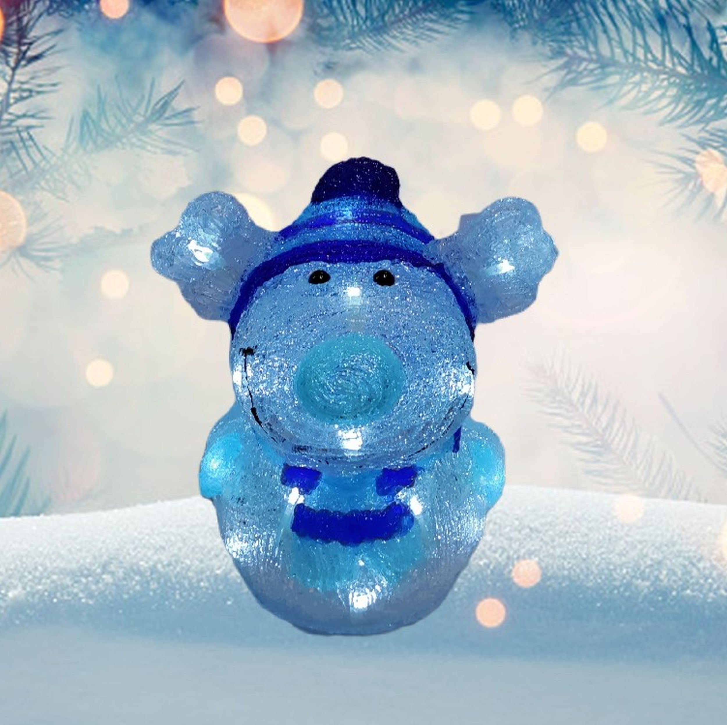 Small Acrylic Christmas Reindeer Light White LEDs Blue Bobble Hat & Scarf 24cm