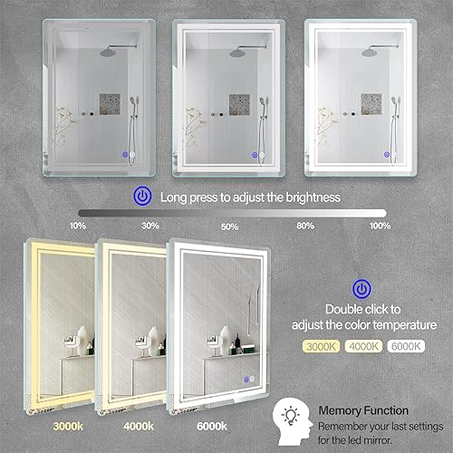 Miniatura 10 de Espejo de baño LED de 36 x 28 pulgadas, espejo de baño iluminado frontal con botón táctil inteligente, función de memoria, color ajustable de 3000