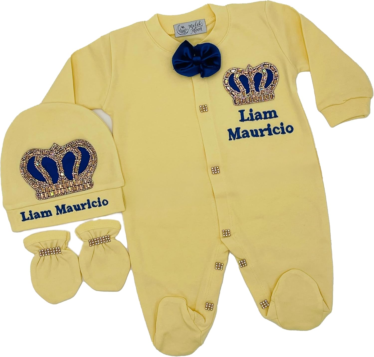 MELEK & MOON Personalized Luxury Infant Newborn Baby Boy Outfit – 3-Piece Cotton Set – Sunshine Royalty Cuddle Set
