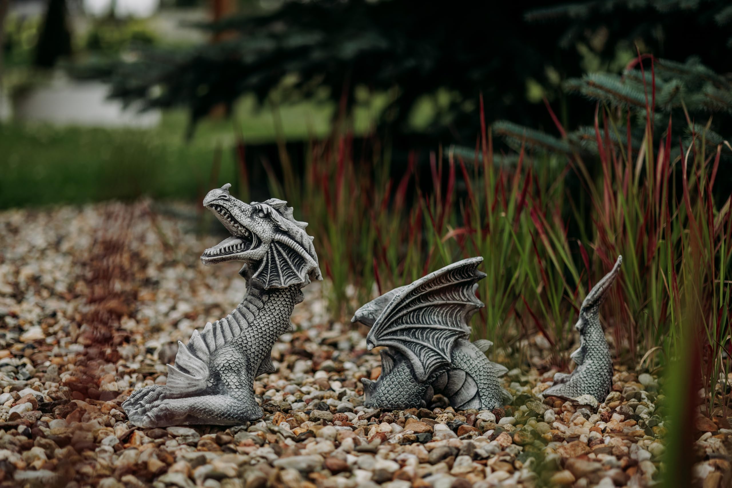 gartendekoparadies.de 3-teiliger Drache, Steinfigur, H. 35 cm, 11 kg, Grau, frostsicher aus Steinguss für Außenbereich