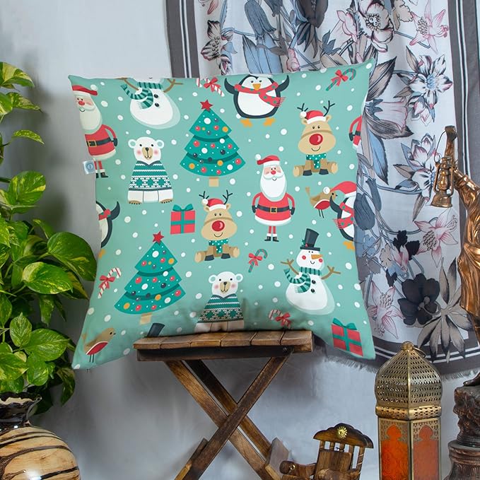 STITCHNEST Merry Christmas Printed Poly Cotton Cushion Cover Pack of 1 (12x12 Inches)