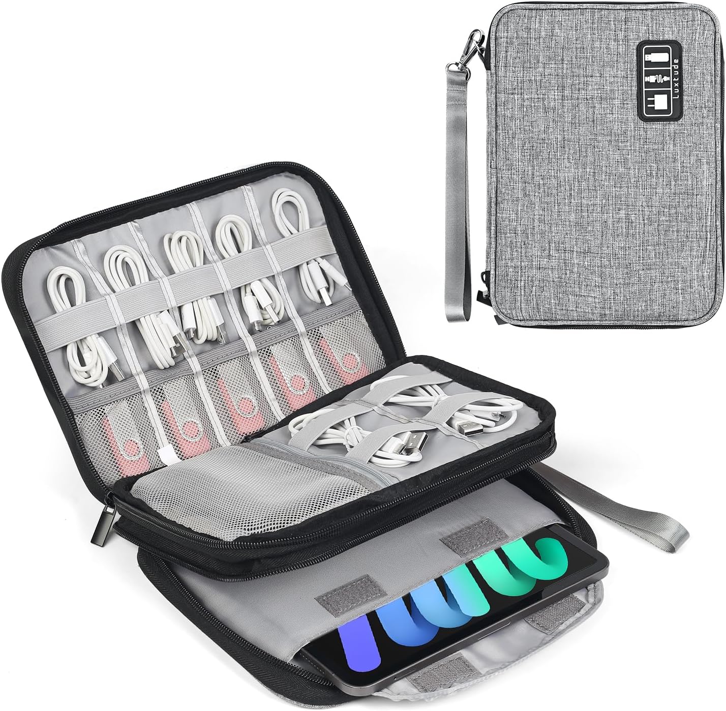 Luxtude Double Layer Cord Organizer Bag, Portable Cable Storage Case, Flat Electronic Organizer Travel Case, Portable Tech Bag for Cable/Cord Storage/iPad (up to 7.9″)/Wall Charger/Electronics