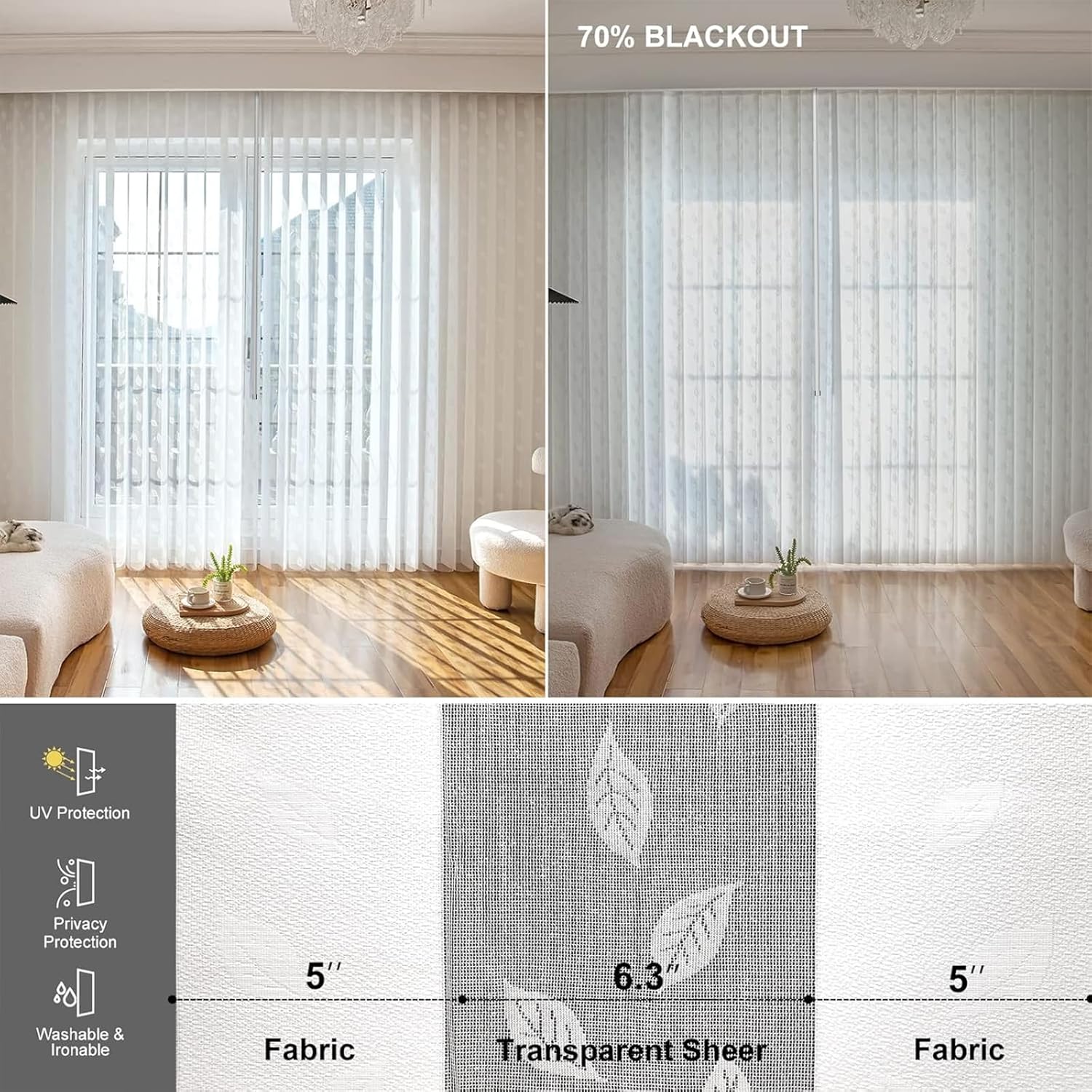 Graywind Manual Sheer Vertical Blinds Custom Size Adjust Light Fabric Sheer Free Wand Control Privacy Light Filtering Track Slats Set for Patio Sliding Glass Door Large Window (Leaf White)