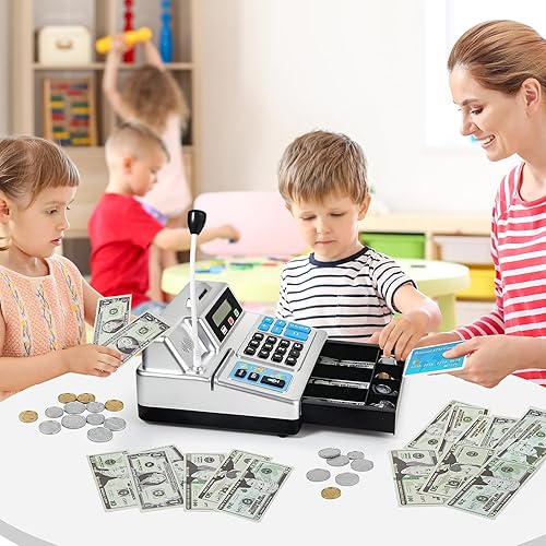 Miniatura 6 de Calculadora de caja registradora Caja registradora de juguete de 103 piezas, juego de tienda con micrófono, tarjeta de crédito y banco para niños,