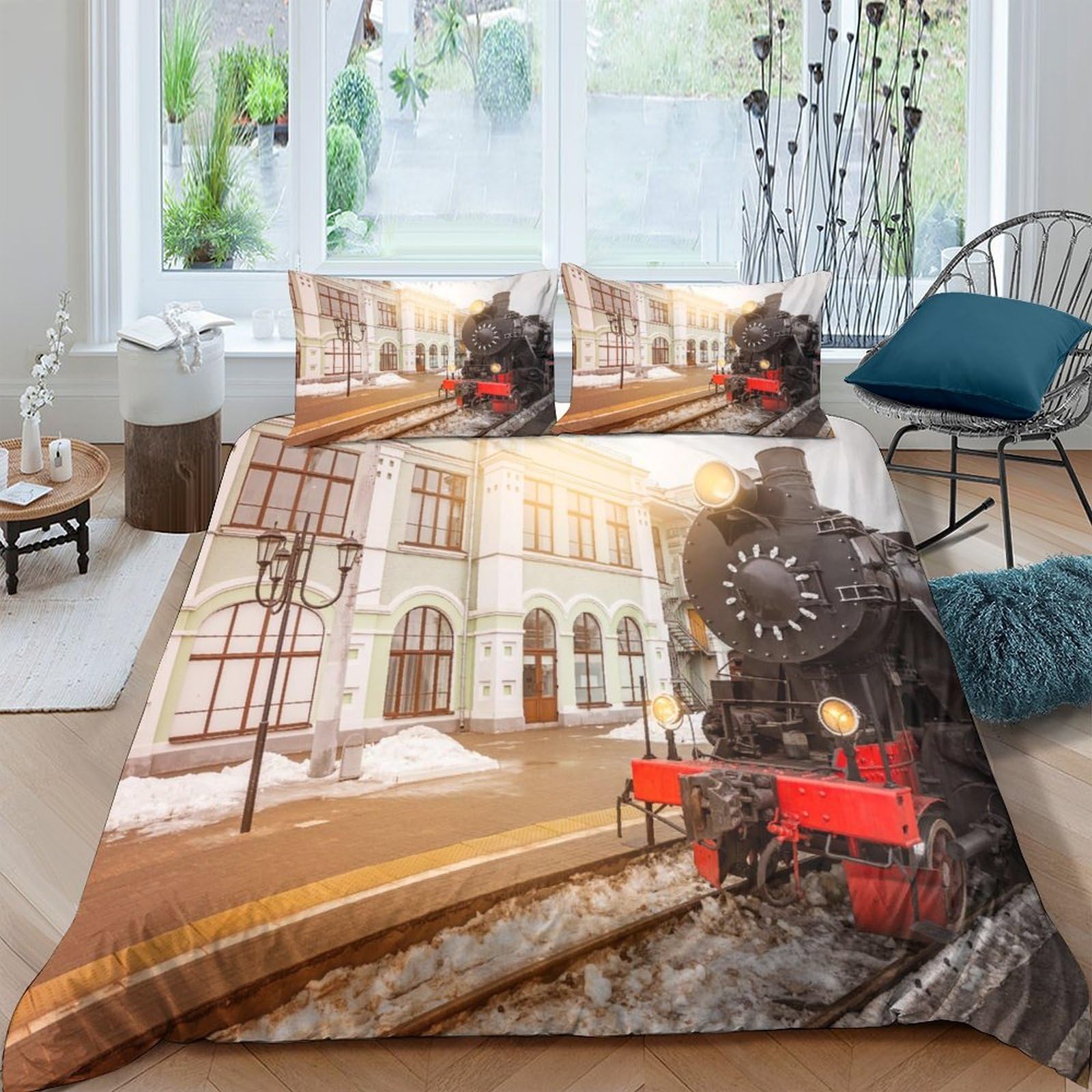 Ctjqhvkz Style-9 3D Printed Vintage Train Station Fitted Sheet Microfiber Soft Railway Locomotive Bed Cover For Bedroom Guest Room Decor Single（135X200cm）