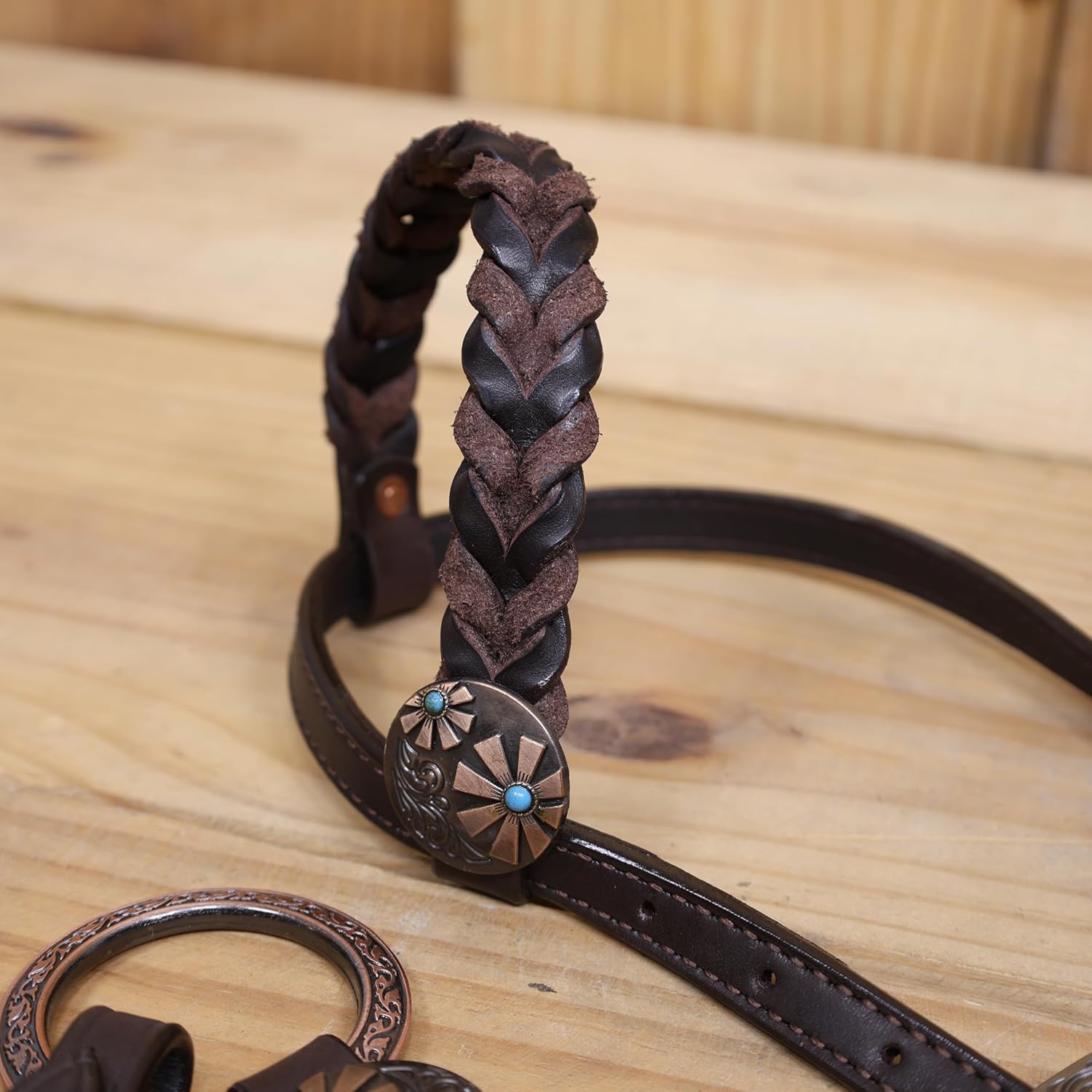 Western Ring Headstall and Breast Collar Tack Set for Full Horse – Twisted One Ear with Two-Tone Flower Conchos & Matching Buckle – Argentina Cow Leather