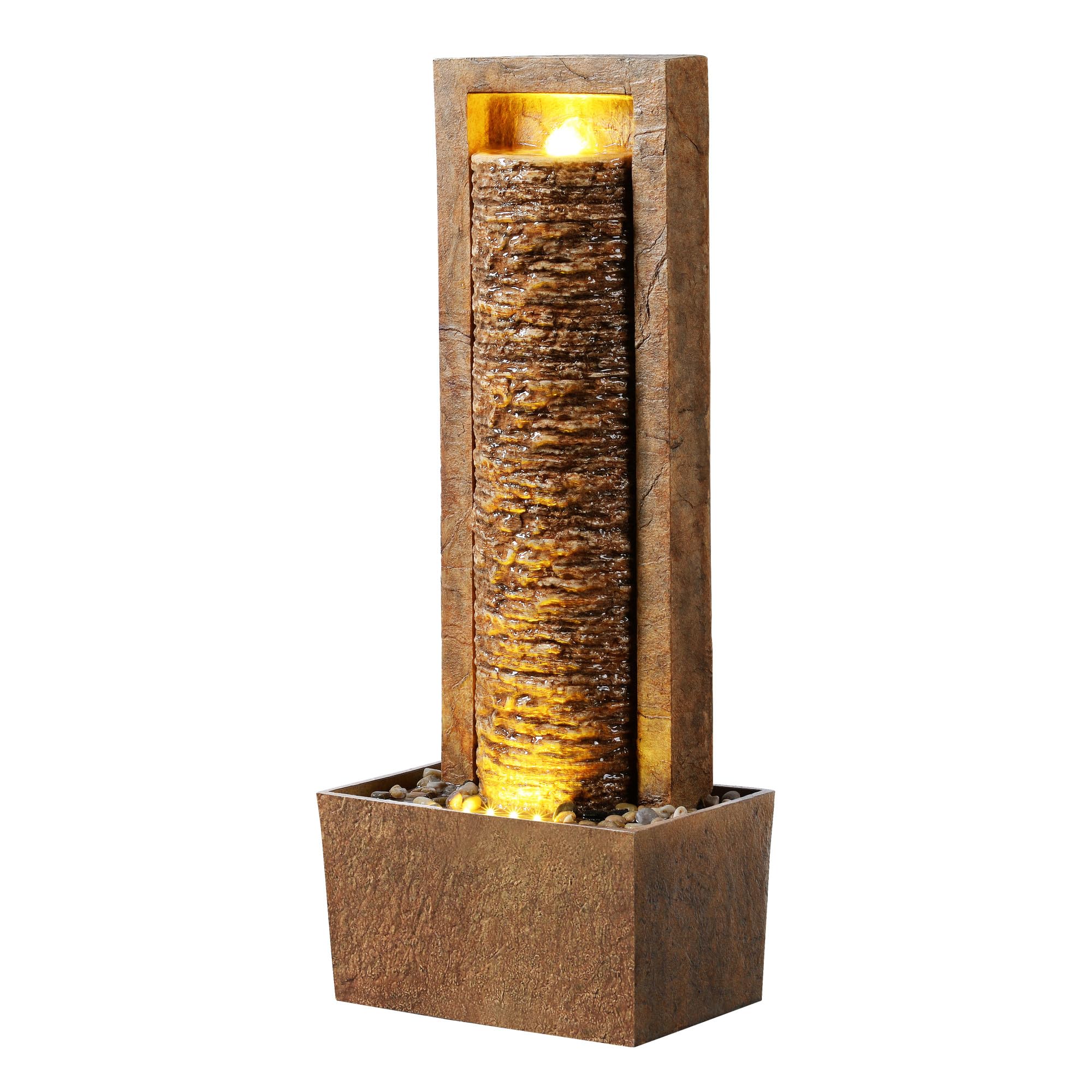 Teamson Home Fontaine de Jardin Haute Cascade exterieure LED Roche superposee Patio Durable Marron