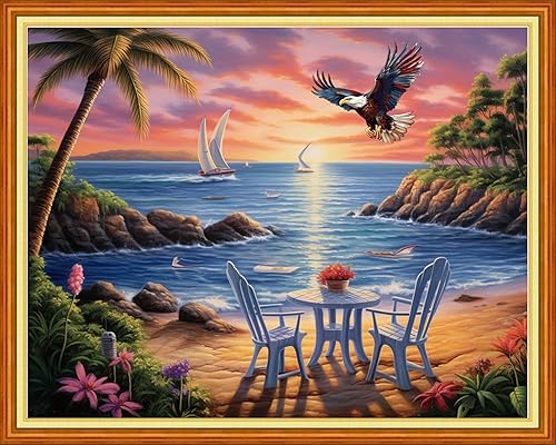 DMCVIVR The Seaside - Kits de punto de cruz estampado para principiantes y adultos, kits de bordado para principiantes, kit de punto de cruz para