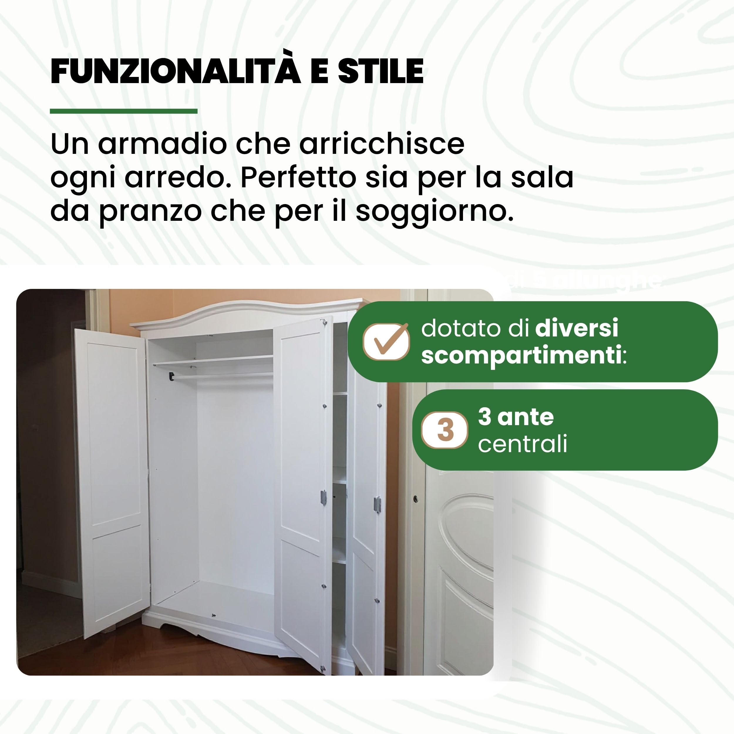 Mar.c.a. Design - Armadio in Legno Massello Arte Povera 158x56x197 cm - 3 Ante con Cappello Gendarme Tondo - Made in Italy