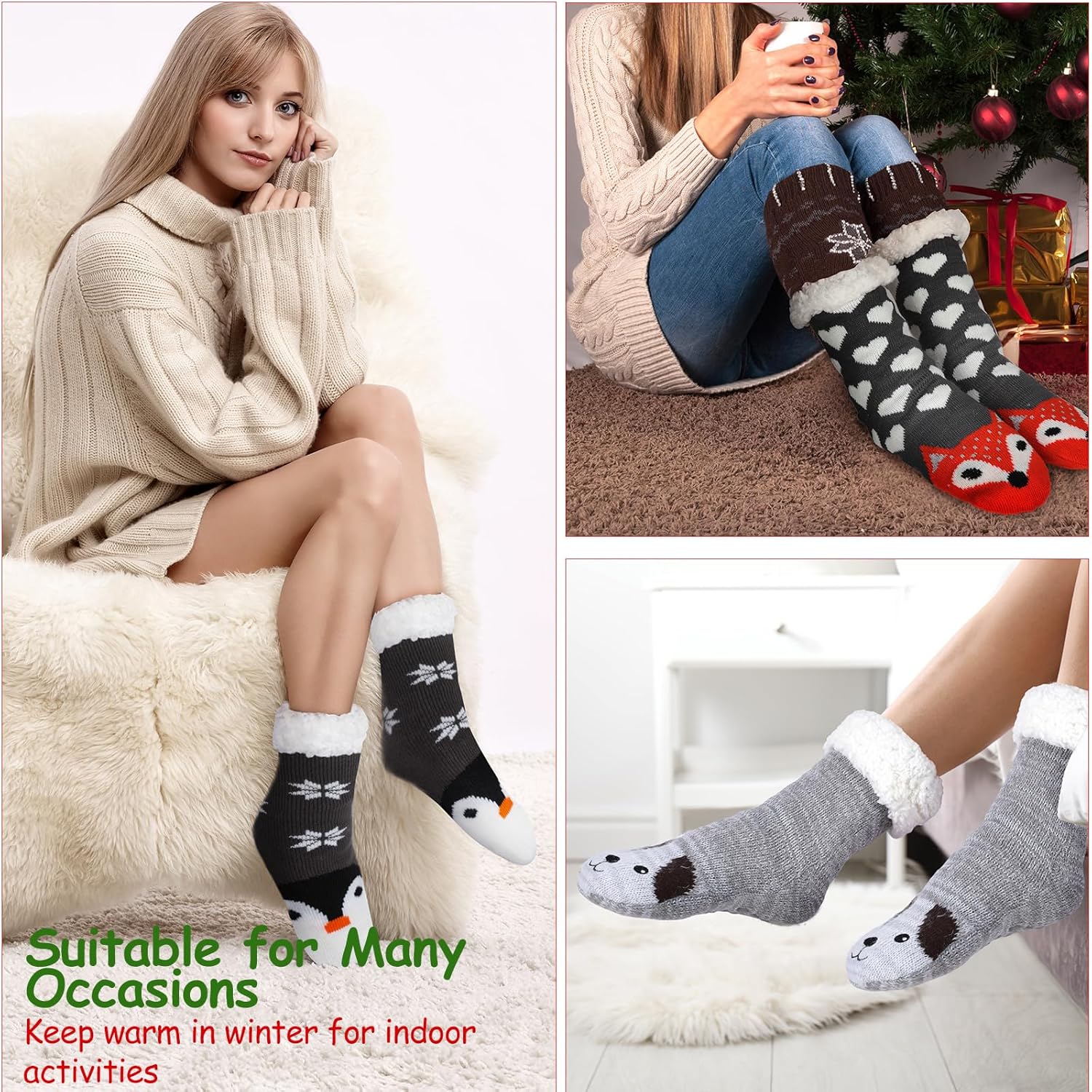 Xuniea 4 Pairs Winter Fuzzy Warm Slipper Socks with Grips for Women Thick Soft Fleece Lining Cute Animal Christmas Socks - Image 4