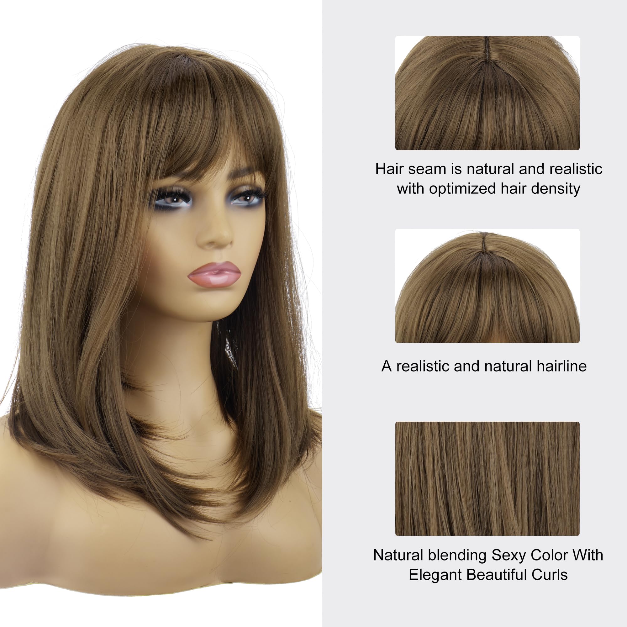 PORSMEER Medium Long Brown Hair Wigs for Women Ladies Brown Bob Wigs with Fringe Natural Straight Synthetic Hair Wig 16 Inches,Everyday or Halloween Fancy dress Wig - Image 2