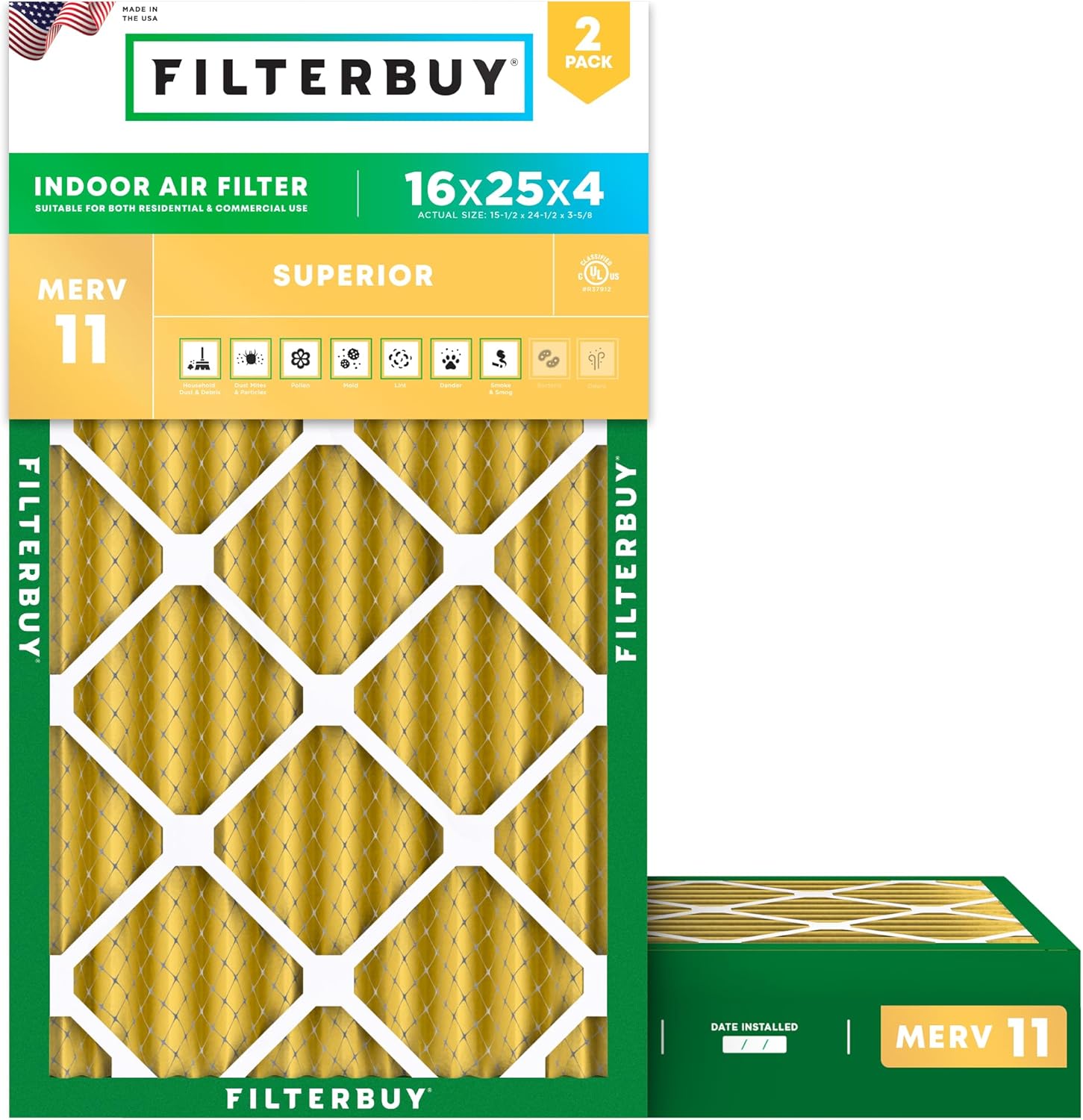 Filterbuy 16x25x4 MERV 11 Air Filters (2-Pack) - Pet & Allergy Defense HVAC Furnace Filters, Electrostatic Pleated, Made in USA