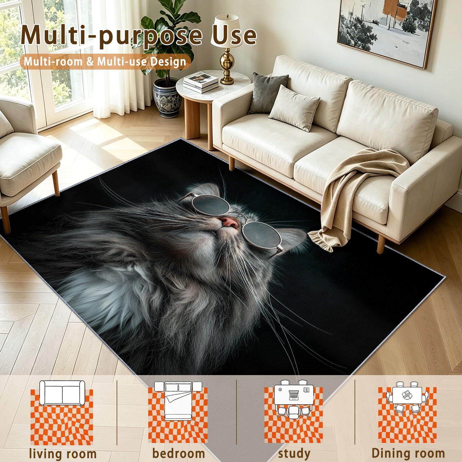 Modern Fotografie Teppich 60 x 90 cm Kurzflor GrauDunkel Katze Sonnenbrille, Waschbar, Pflegeleicht, Extra Weich Für Wohnzimmer, Schlafzimmer, Esszimmer