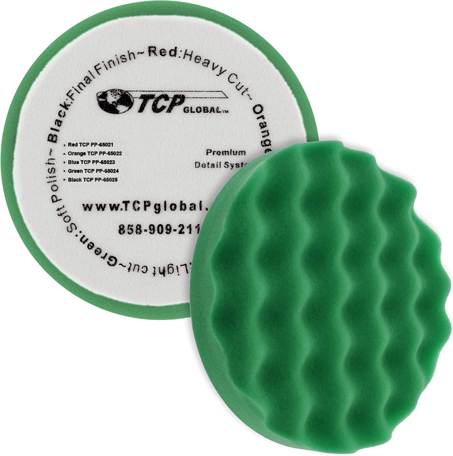 TCP Global 6.5" Green Waffle Foam Buffing Pad Hook and Loop Backing - Soft Pad for Polishing, Automotive, Marine, Truck, RV & Compound Cutting, Car Polishing Pads