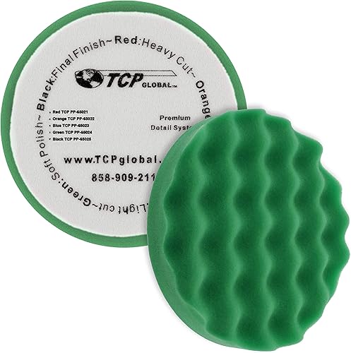 TCP Global Almohadilla de pulido de espuma de gofre verde de 6.5 pulgadas, soporte de gancho y bucle, almohadilla suave para pulido, automoción,