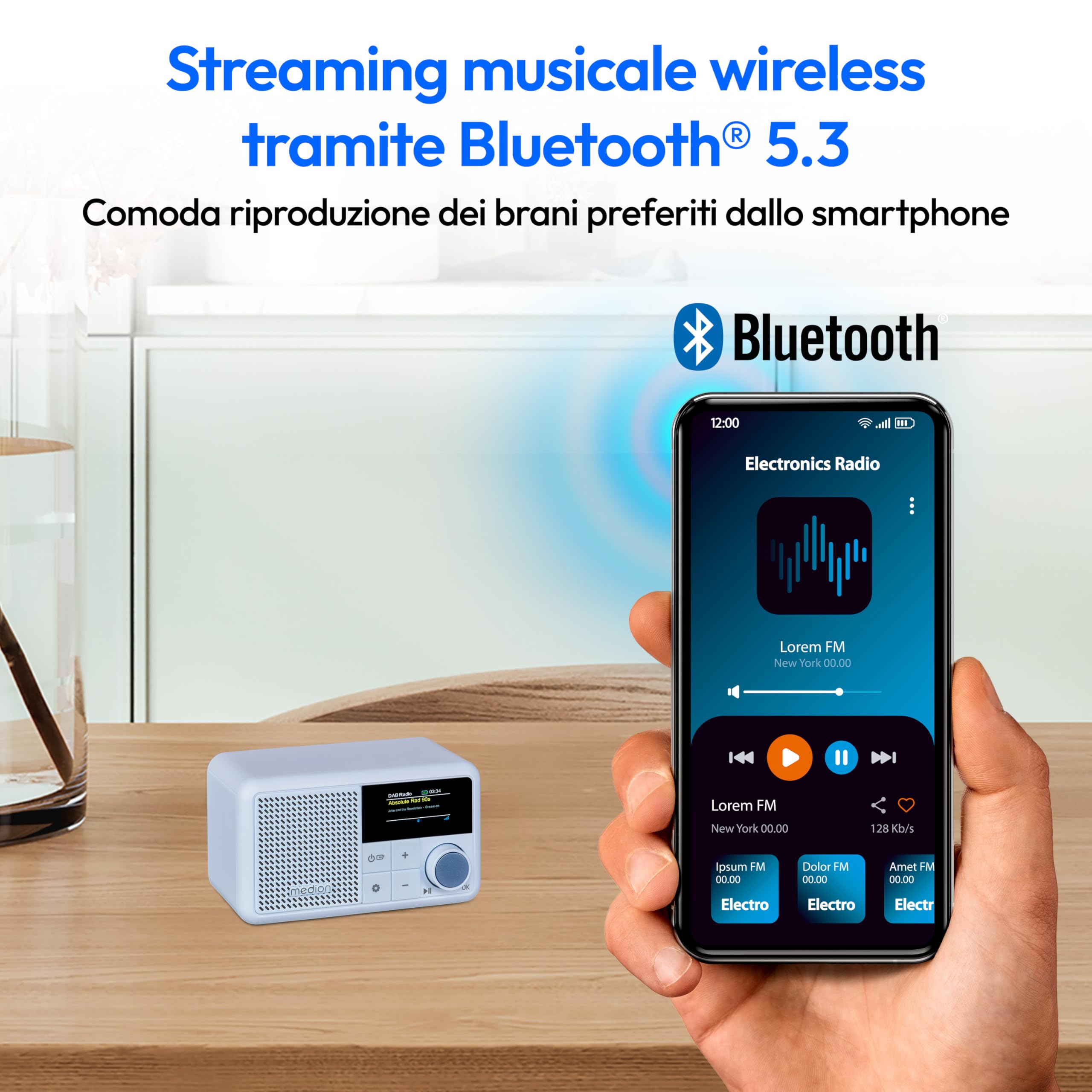 MEDION S66822 Mini radio DAB+ portatile con Bluetooth (batteria ricaricabile, display a colori oscurabile, antenna telescopica, sleep timer, sveglia, snooze, AUX, USB-C) blu