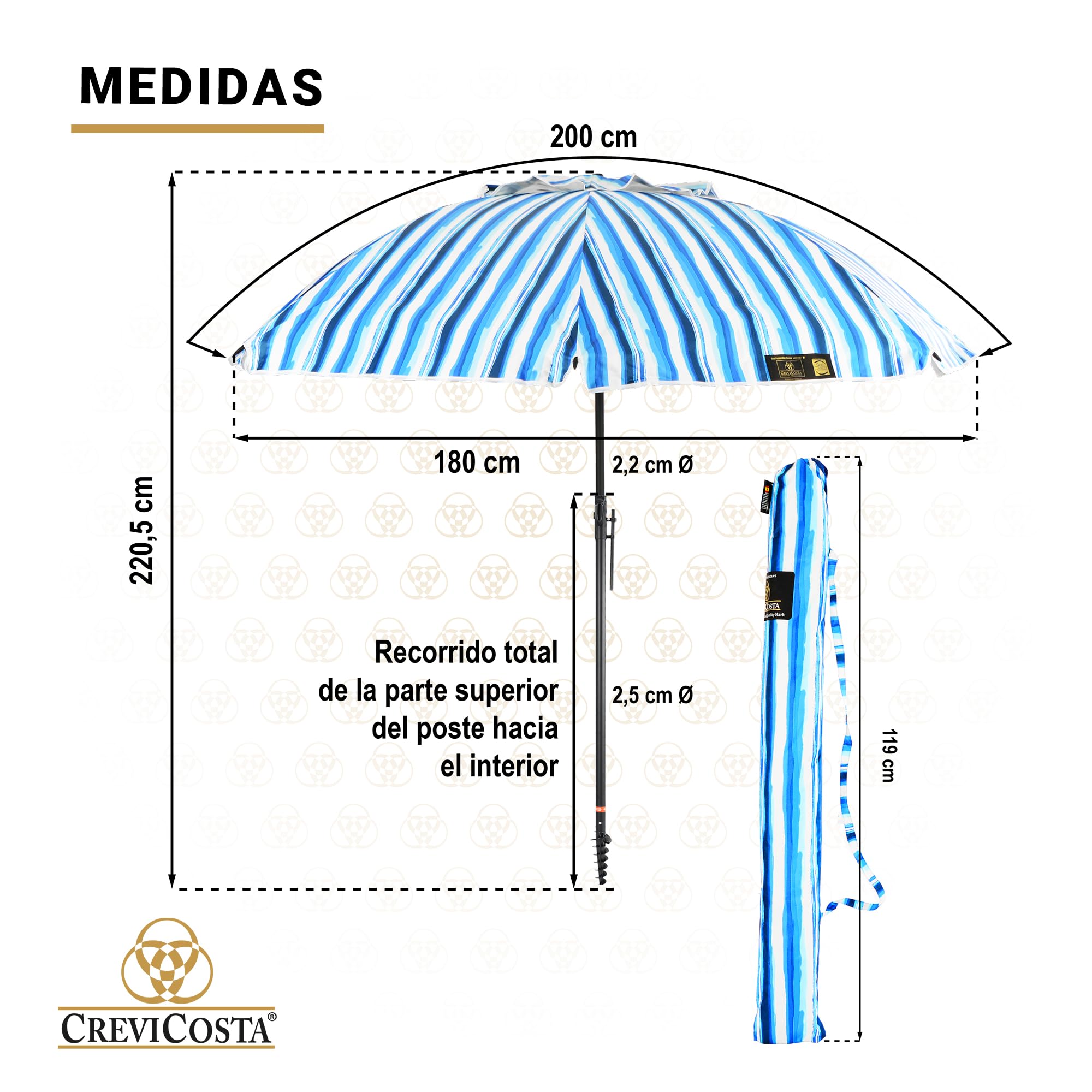 Ombrellone da spiaggia modello 200 cm con spirale e palo di viaggio totale. 8 Aste Protezione totale contro i raggi UV (Azzori), Azzorre (Azores), 200 cm, Moderno