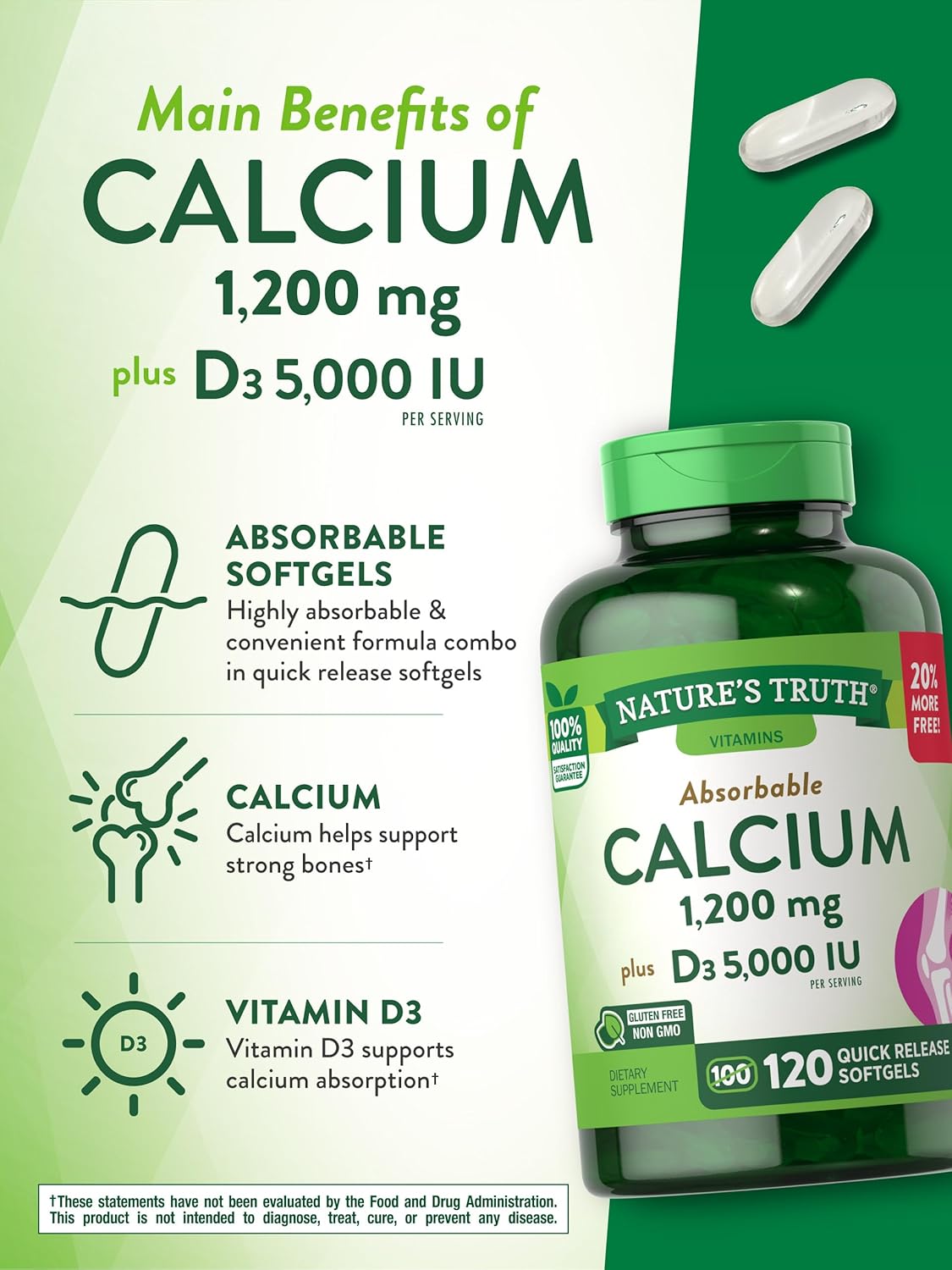Nature's Truth Calcium 1200 mg Plus Vitamin D3 5000 IU Supplements, 120 Count (Pack of 3)