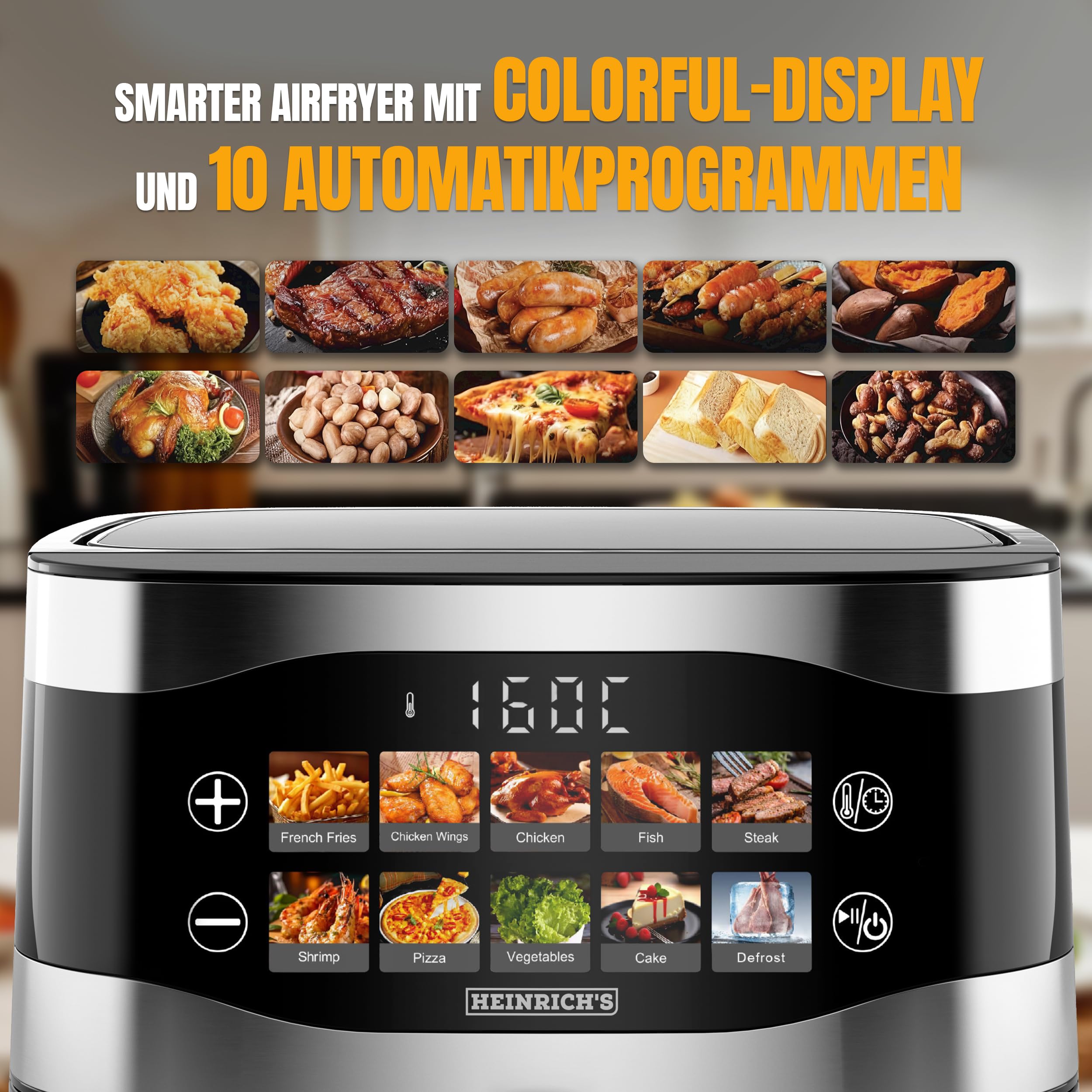 HEINRICHS Heißluftfritteuse, 9 Liter XXL Air Fryer, 10in1 Heißluftfritteuse, LED-Display mit Sensor-Touch Bedienung, fettfreie Zubereitung, inkl. Timer, platzsparend, spülmaschinenfester Korb, 1800W