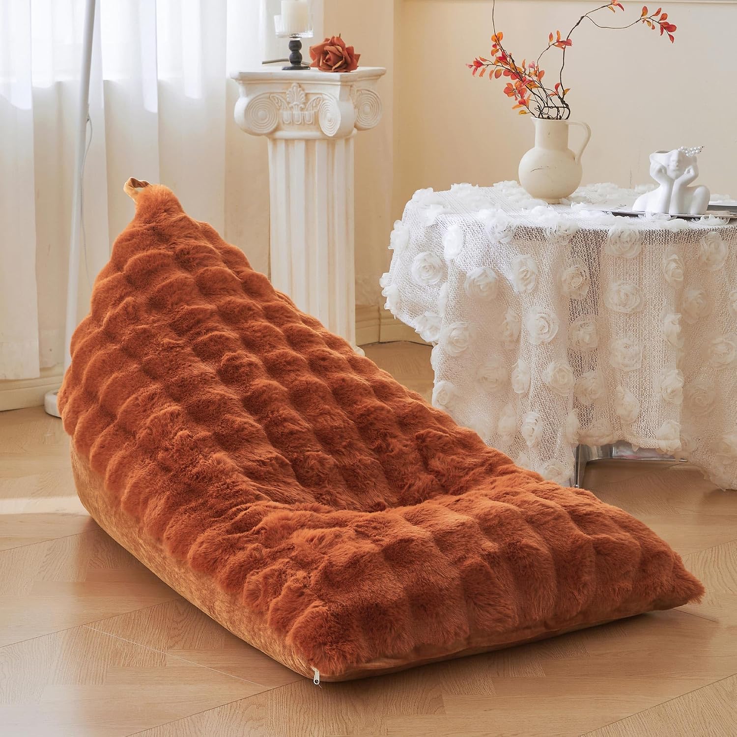LIFEREVO Faux Rabbit Fur Stuffed Animal Bean Bag Storage (No Filler), Soft Waffle Bubble Beanbag Chair Cover for Kids Teens, Furry Floor Lounger Plush Toys Organizer Living Room Bedroom, Sage Green