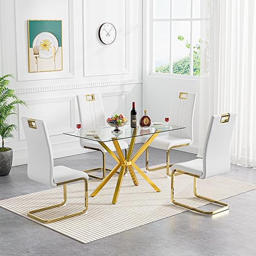 Miniatura 141 de Mesa de comedor de cristal de 51 pulgadas para 4, mesa de comedor rectangular contemporánea con parte superior de vidrio templado y patas de acero