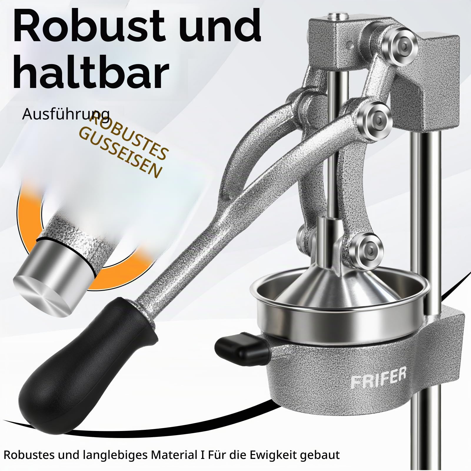 Saftpresse Edelstahl, Obstpresse, Zitruspresse, Orangenpresse Manuell | Entsafter Metall, Fruchtpresse - Handpresse Cast Iron Juicer für Orangen, Zitronen, Granatäpfel, Grapefruits (Hellgrau)