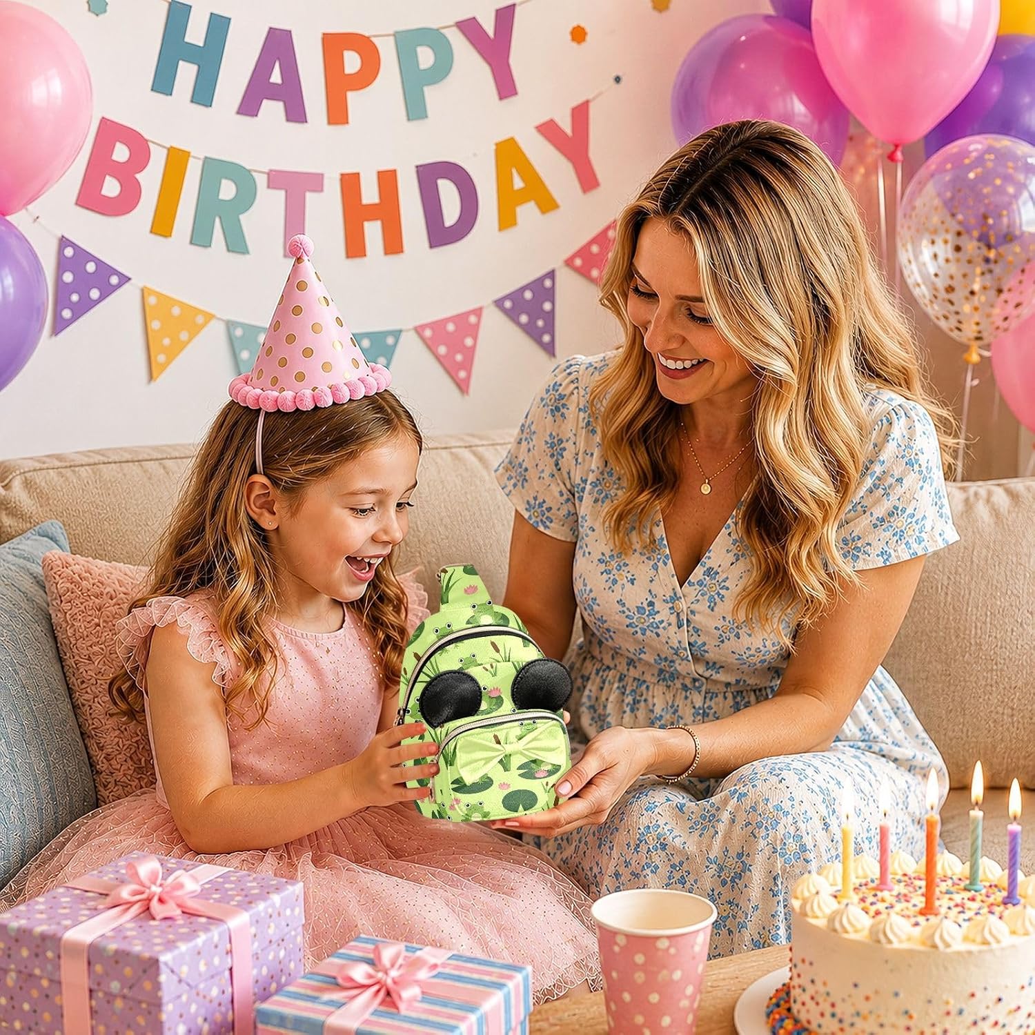 Sinestour Frogs Kids Sling Bag for Girls, 7.5"x5.7"x3.1" | Crossbody Fanny Pack, Toddler Purse, Cute Sling Belt Bag with Ears, 2L Small Shoulder Chest Bag for Travel